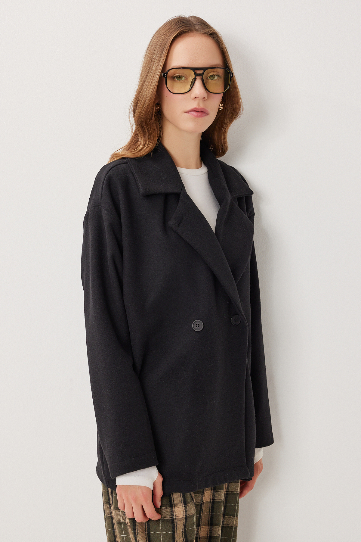 Lovelyİstanbul Oversize Kruvaze Kaşe Kaban LZV0038 SİYAH görsel 2