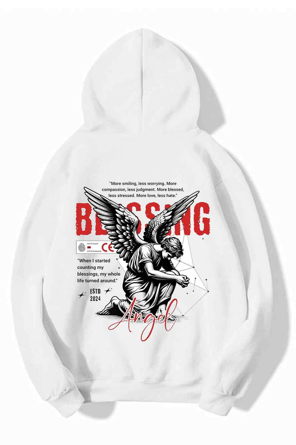 Cool mans Unisex Kapüşonlu Sweatshirt Angel Baskı Detaylı- Büyük Beden Sweatshirt