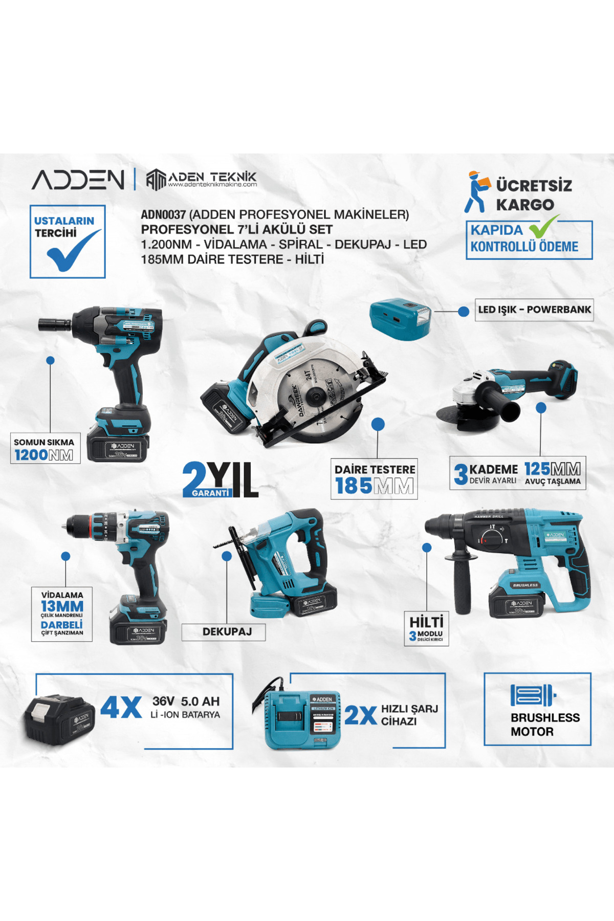 adden ADN-SET-0035 7'li Kömürsüz Motorlu Profesyonel Şarjlı Takım Seti