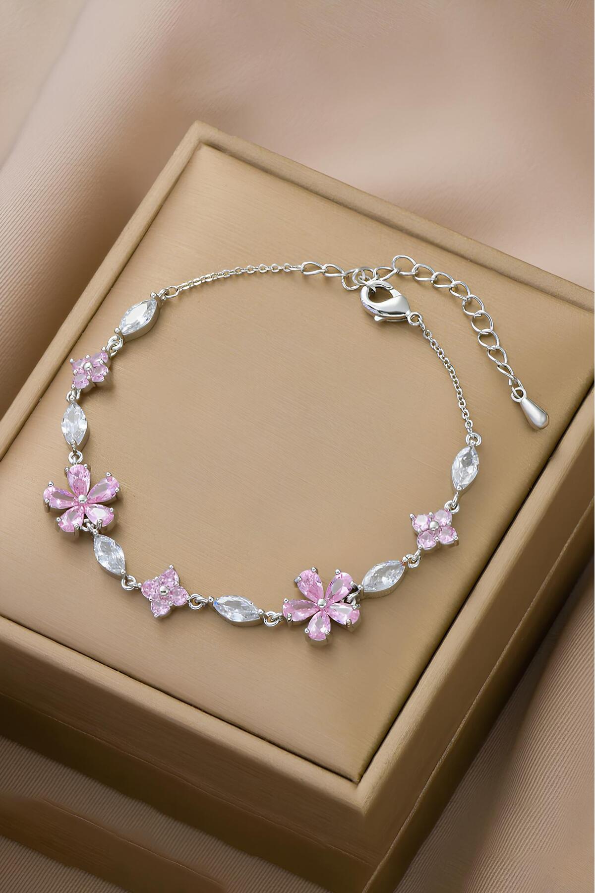 The Collection  Cam Kristal Kiraz Çiçeği Bileklik Ayarlanabilir Kadın Bileklik - Görsel 6