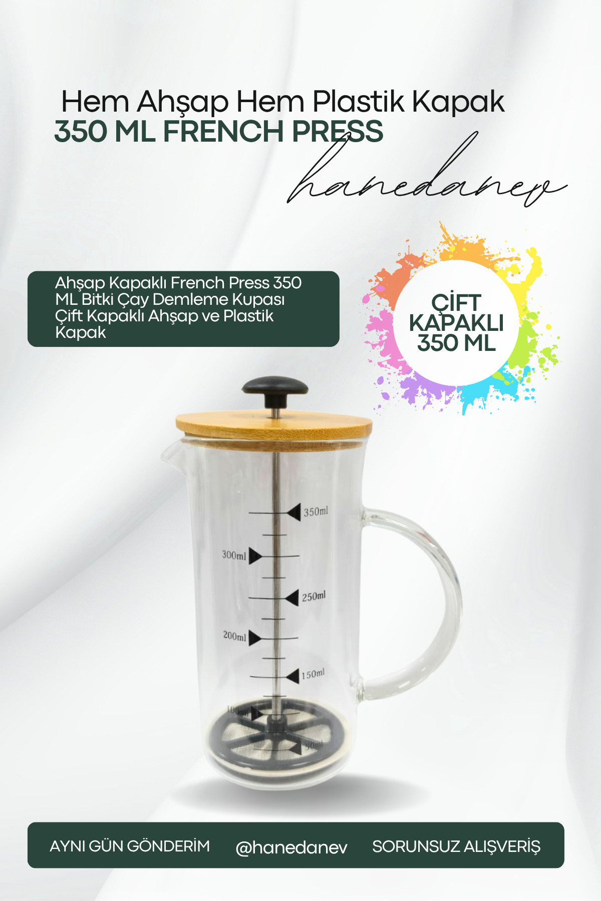 Hanedanev Ahşap Kapaklı French Press 350 ML Bitki Çay Demleme Kupası Çift Kapaklı Ahşap ve Plastik Kapak