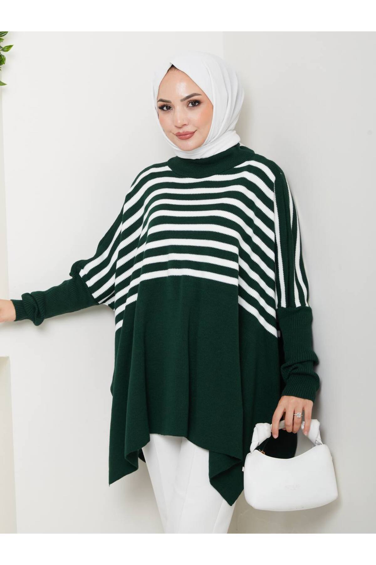 CLB COLLECTION Kadın Triko Çizgi Detaylı Panço Standart beden