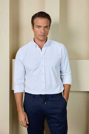 RUFELLI Erkek Beyaz Gömlek Düğmeli Yaka Oxford Likralı Slim Fit