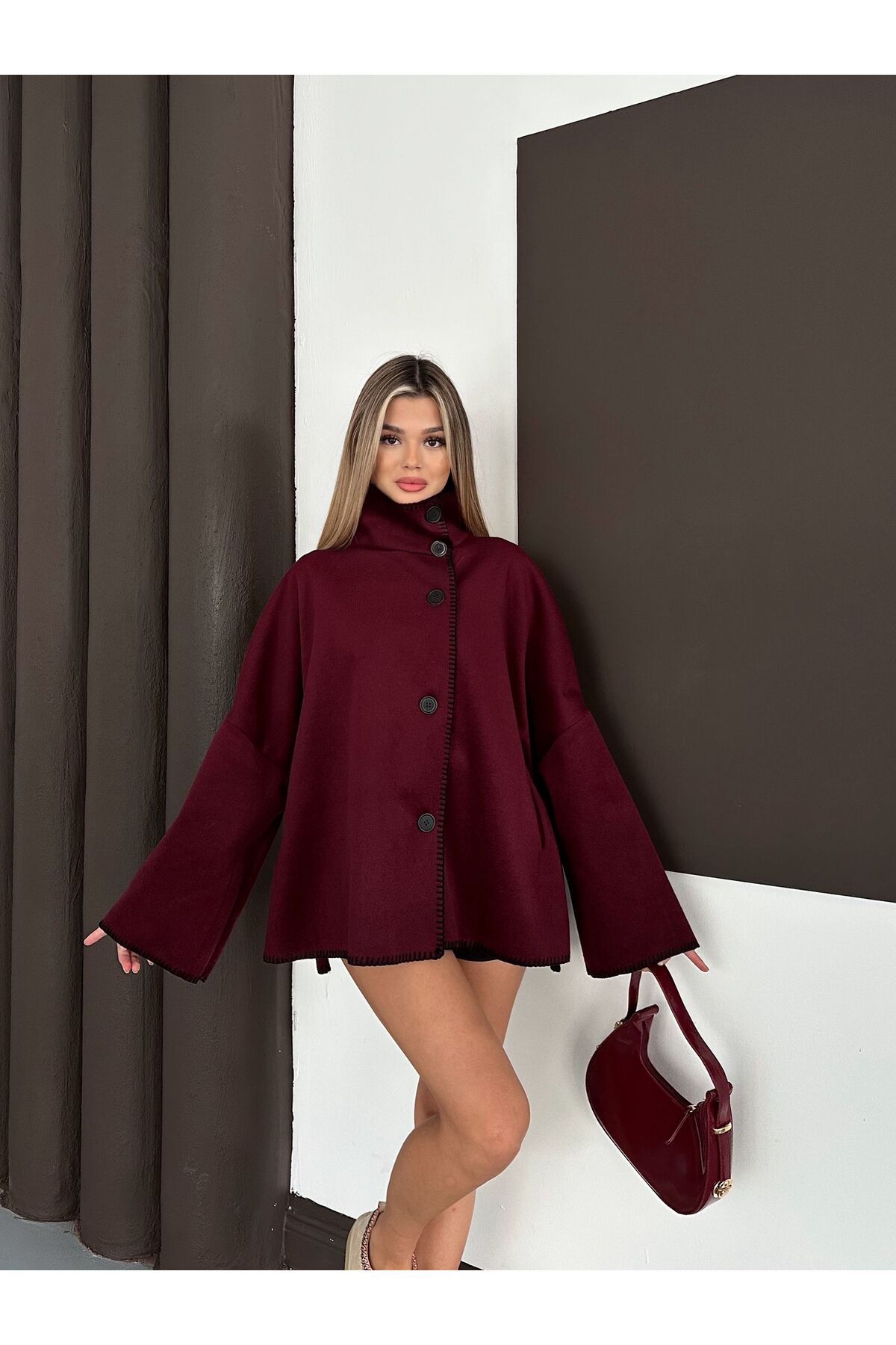 ParlaMira Kadın Mürdüm Oversize Premium Kaşe Yüksek Yaka Biyeli Düğmeli Ceket