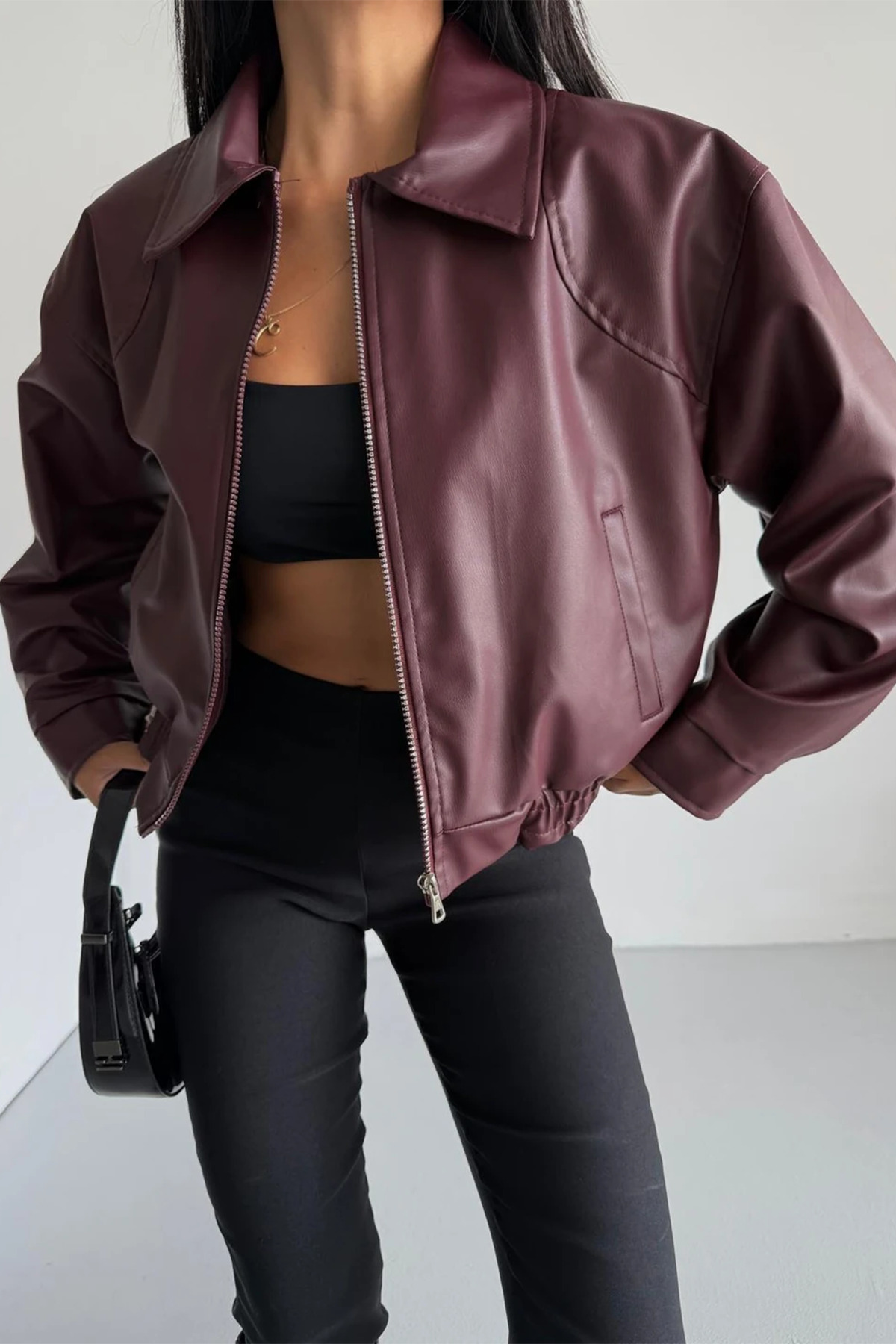 Genel Markalar  Kadın Bomber Beli Lastikli Deri Ceket - Görsel 5
