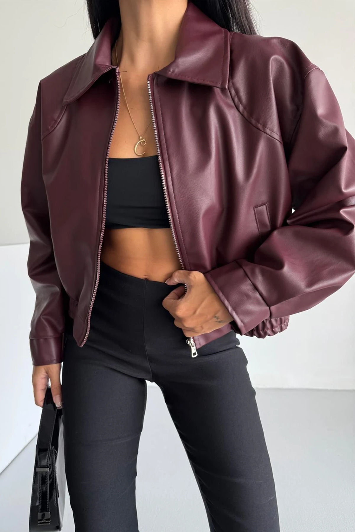 Genel Markalar  Kadın Bomber Beli Lastikli Deri Ceket - Görsel 3