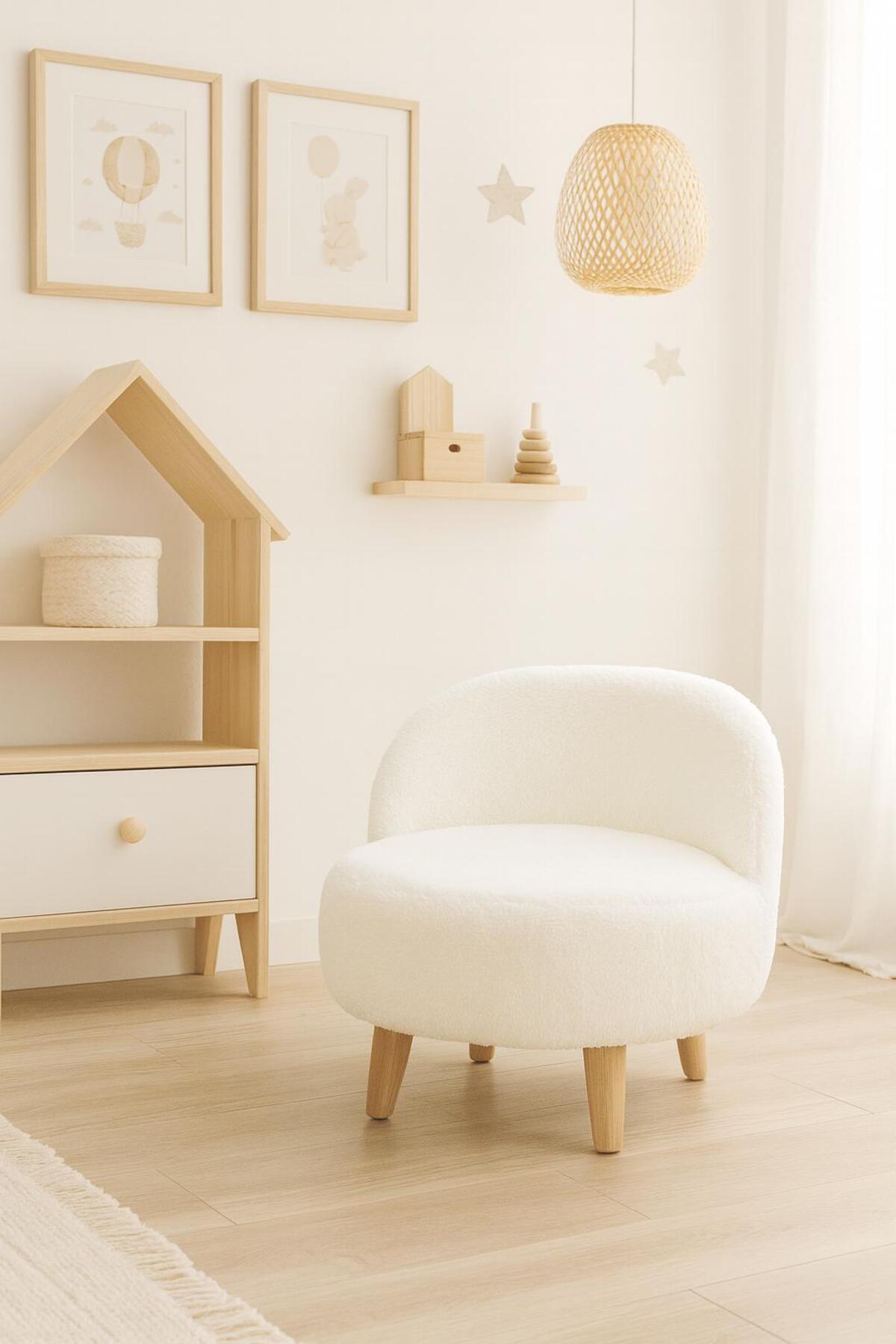 ZİERRA Teddy Yumuşak Peluş Kumaş Kırık Beyaz Renginde Rahat Çocuk Koltuğu Doğal Ahşap Gürgen Ayaklı
