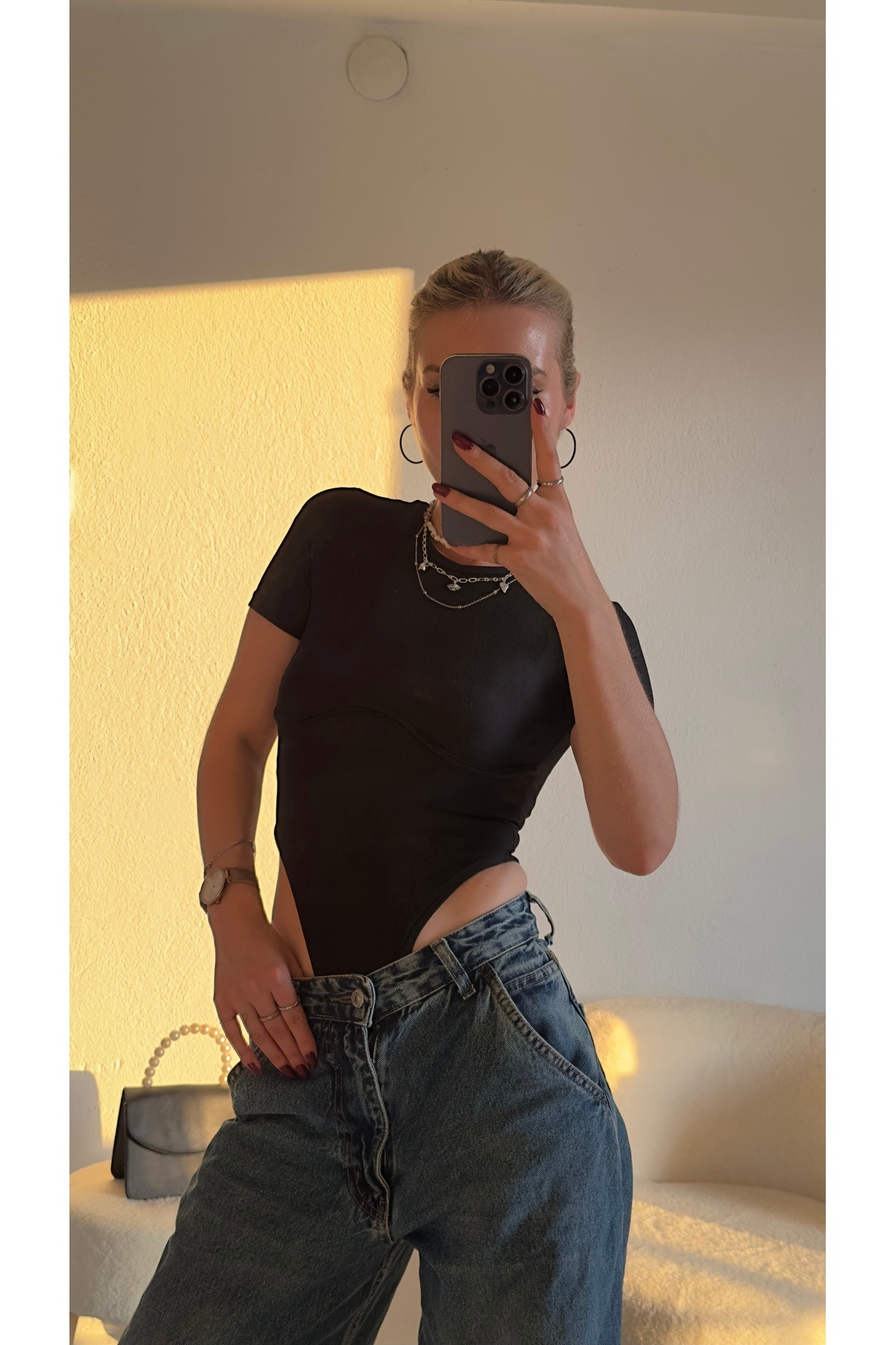 ibiza boutiques Kısa Kollu Siyah Zıbın Bodysuit