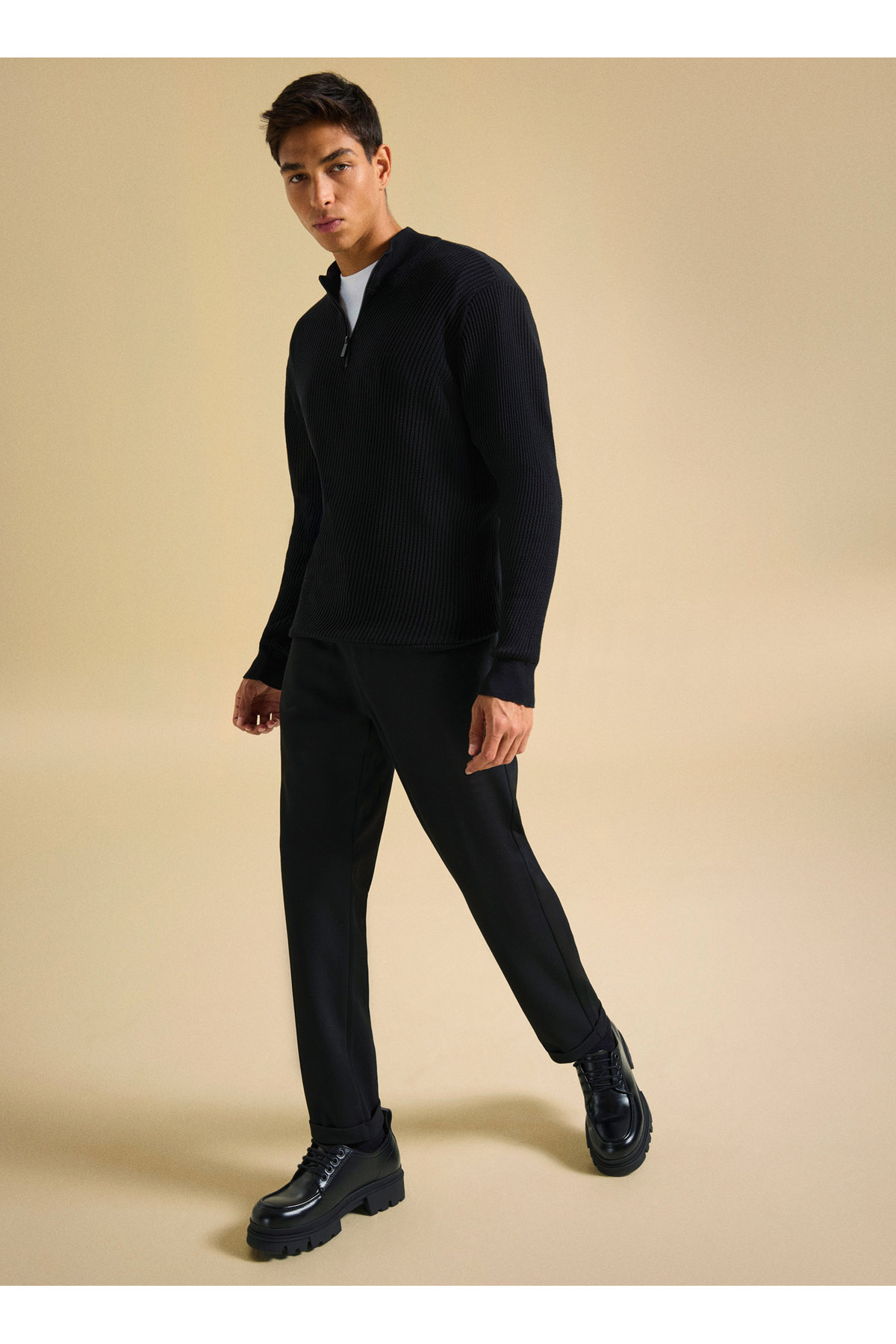 People By Fabrika Dik Yaka Classic Fit Fitilli Siyah Erkek Kazak PBF5WM-KZK9538 görsel 4