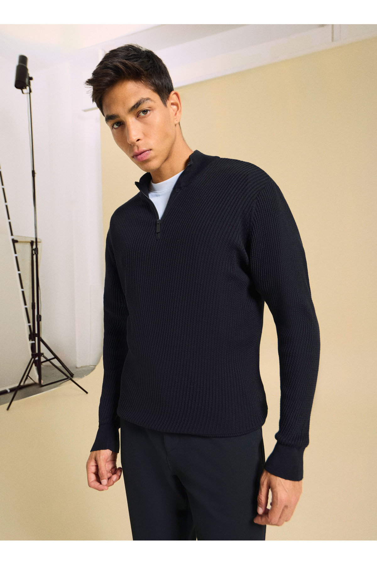 People By Fabrika Dik Yaka Classic Fit Fitilli Siyah Erkek Kazak PBF5WM-KZK9538 görsel 5