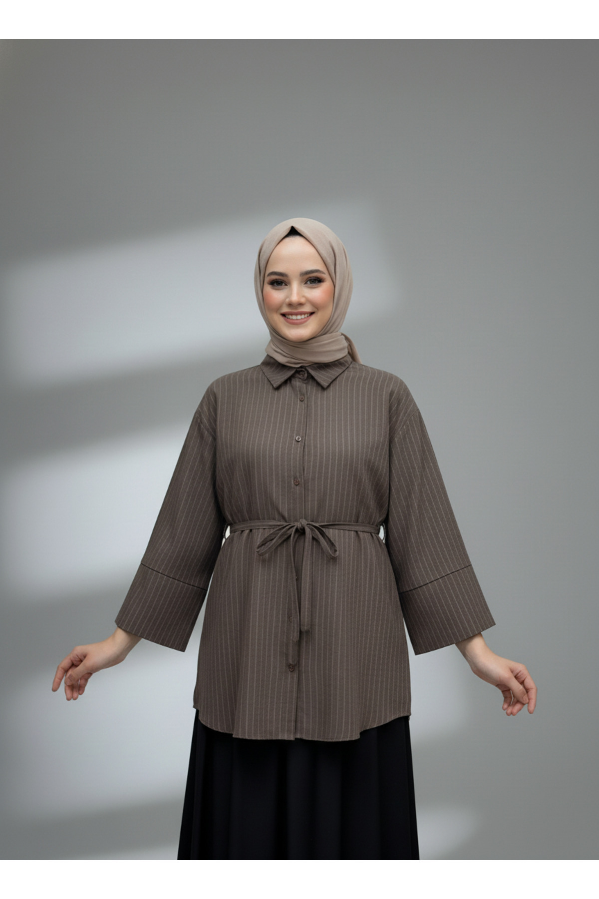 BENAHOLL Dayna Çizgili Geniş Kol Süet Gömlek-Çİ513.4 Kahve