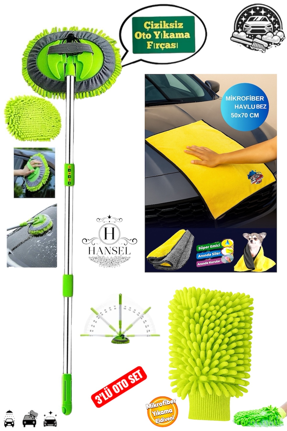 Hansel ARABA YIKAMA EKİPMANLARI 3 LÜ SET PROFESYONEL MİKROFİBER
