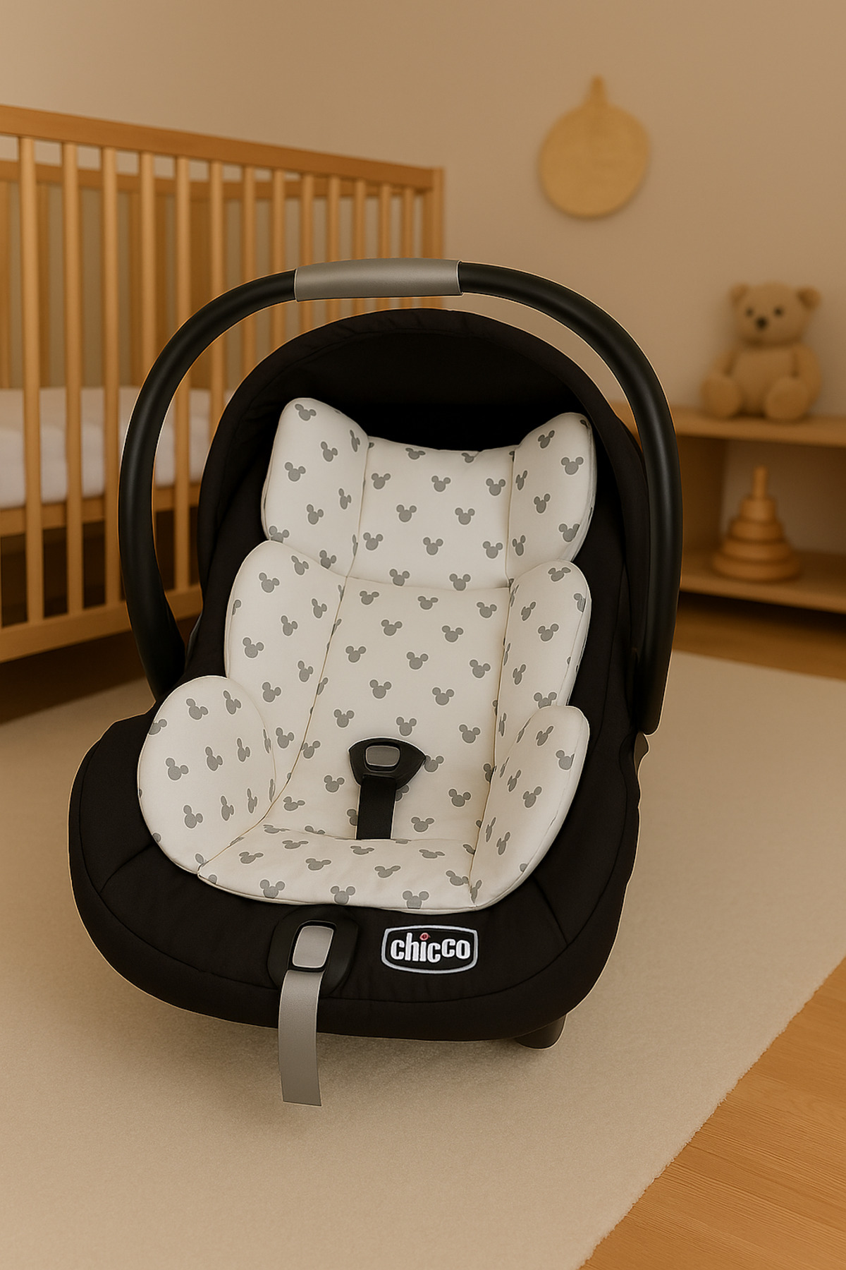 BeygeBaby Çift Katlı Gri Pike ve Mickey Desenli Çift Yönlü Puset Örtüsü, Minderi ve Çarşafı (3LÜ SET) fotoğrafı 3 (önizleme)