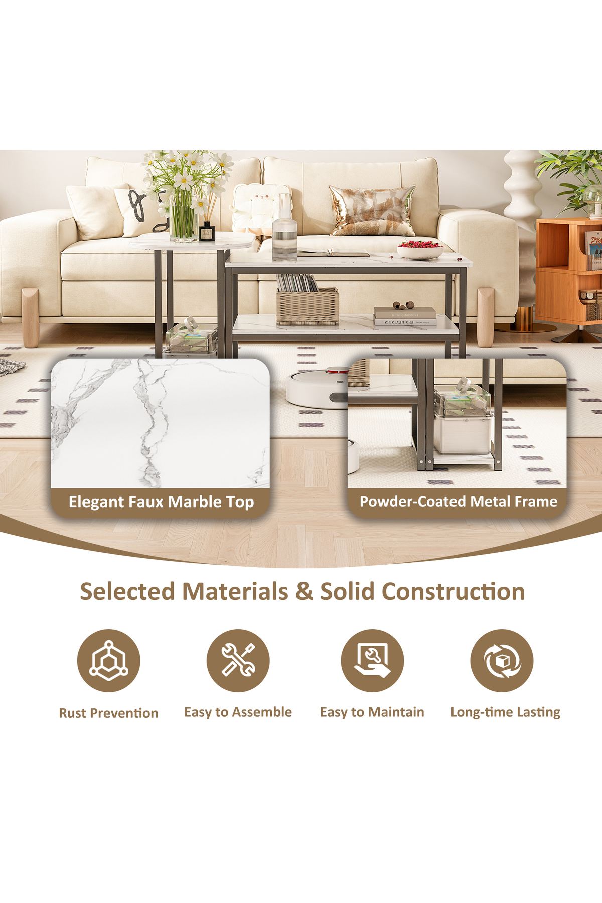 طاولة قهوة عصرية بسطح رخامي أبيض وإطار معدني أسود...