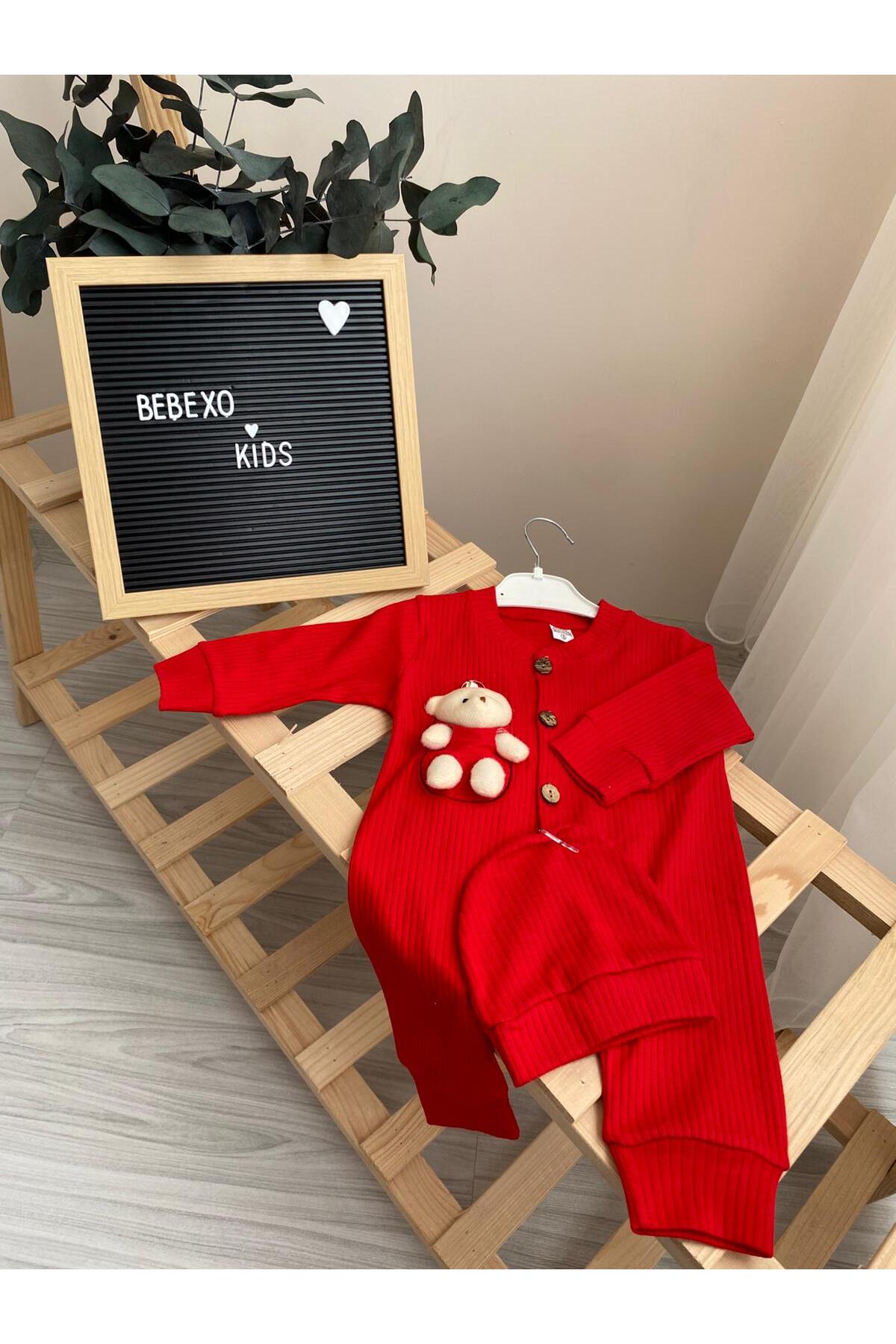 BabyMed Unisex Oyuncak Ayıcık Detaylı Şapka Aksesuarlı Kırmızı Bebek Tulum 3-6-9 Ay fotoğrafı 3 (önizleme)