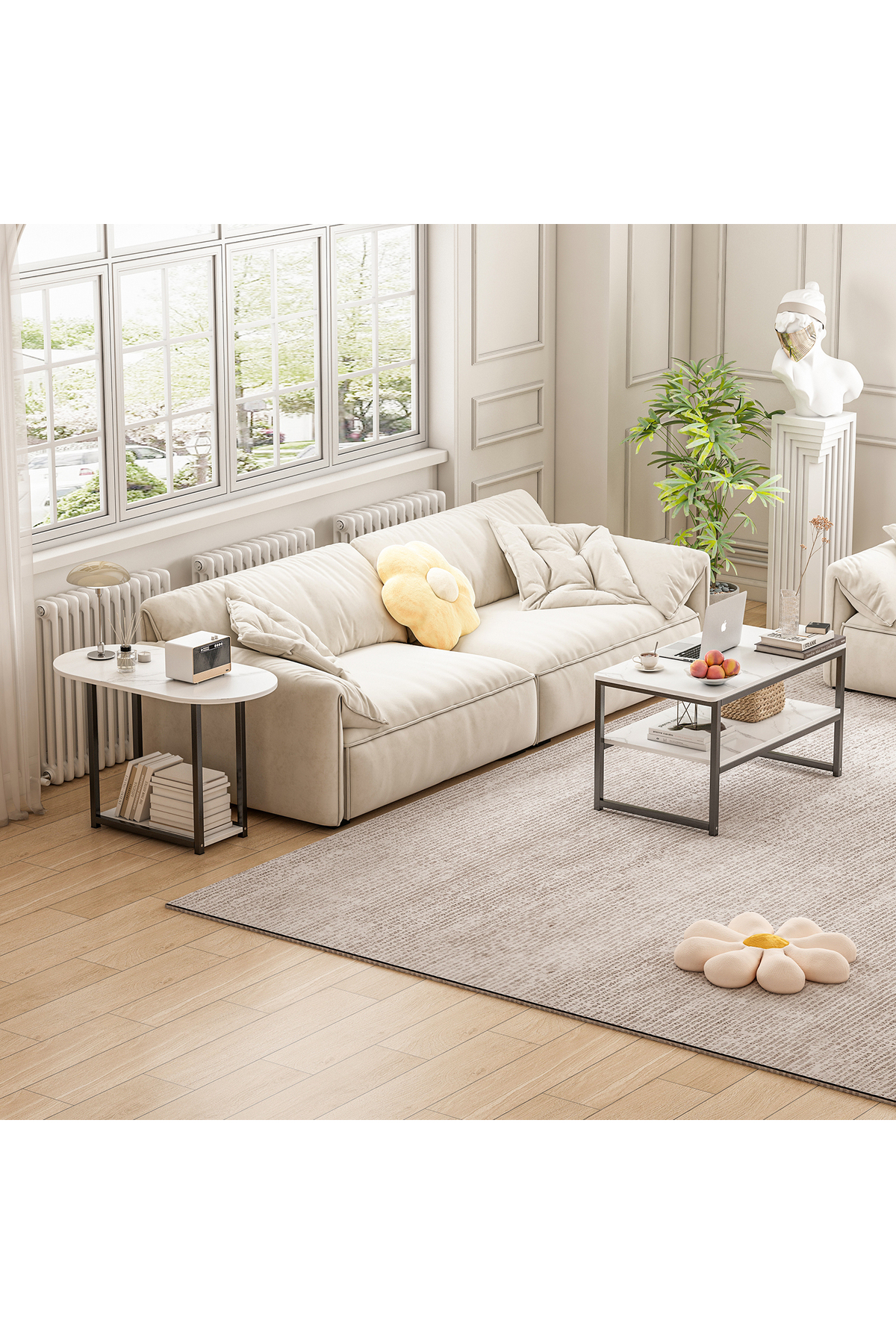 طاولة قهوة عصرية بسطح رخامي أبيض وإطار معدني أسود...