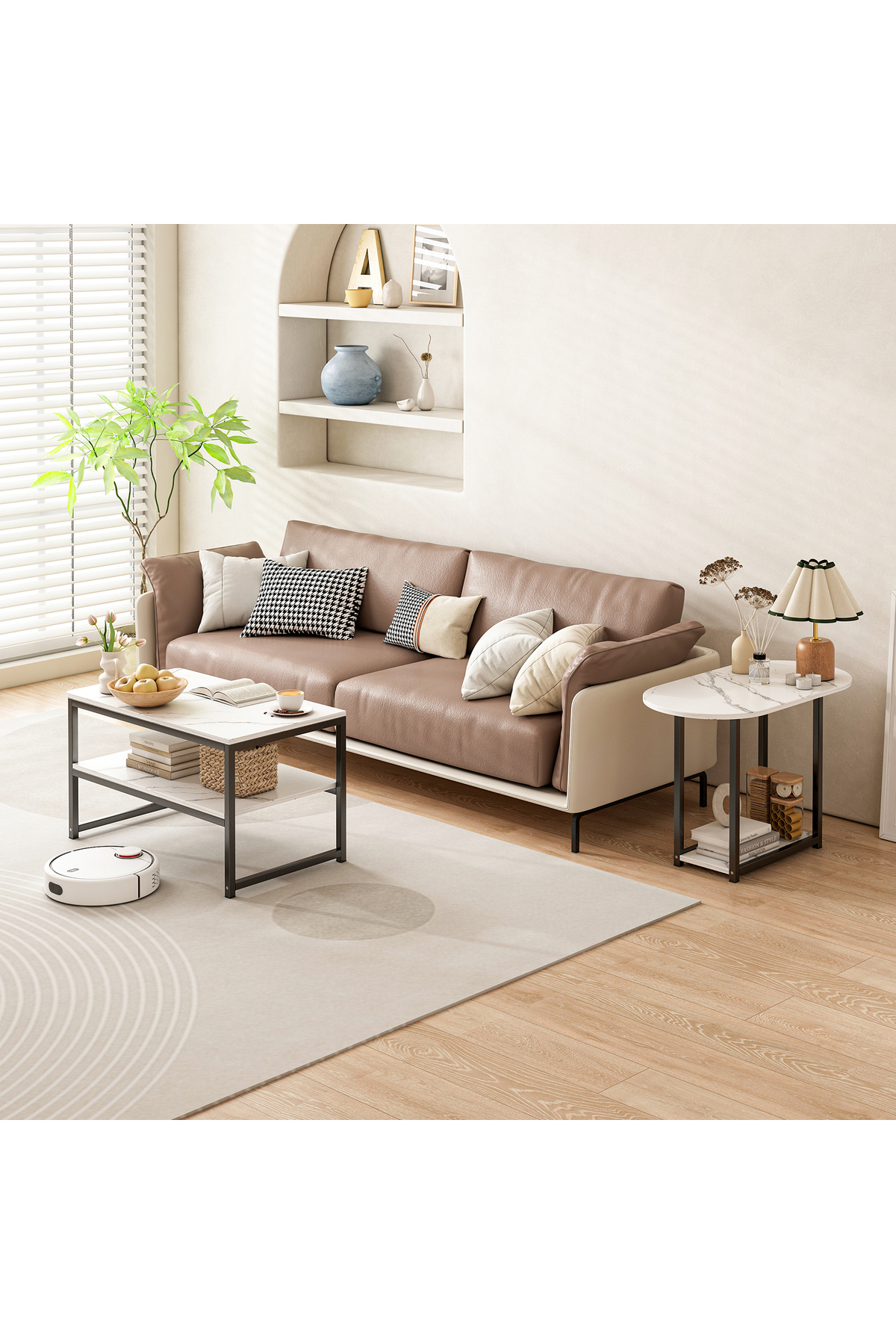 طاولة قهوة عصرية بسطح رخامي أبيض وإطار معدني أسود...