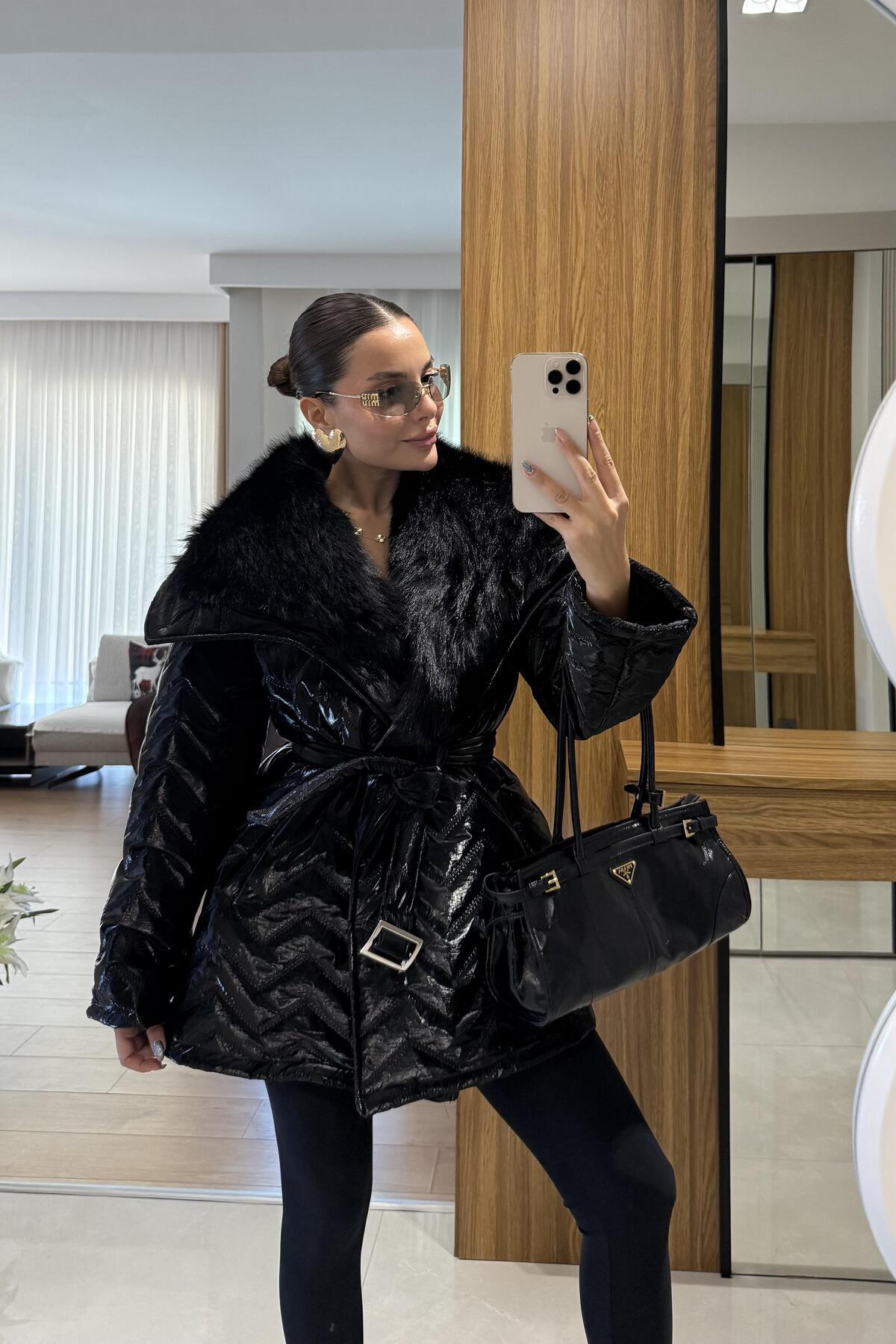 Gizem Ecemiş Colmar Siyah Kürklü Kemerli Şişme Mont görsel 4