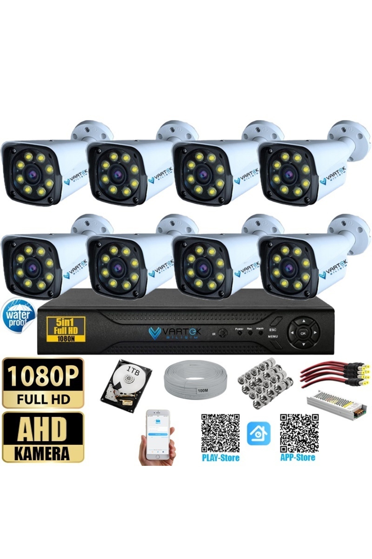VARTEK BİLİŞİM 8 Kameralı Gece Renkli 1000GB 5mp Lensli 1080P Fullhd Kamera Seti Tak Çalıştır Metal Kasa