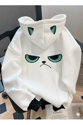 DWN WEAR Kadın/Unisex Funny Angry Face Beyaz Hoodie