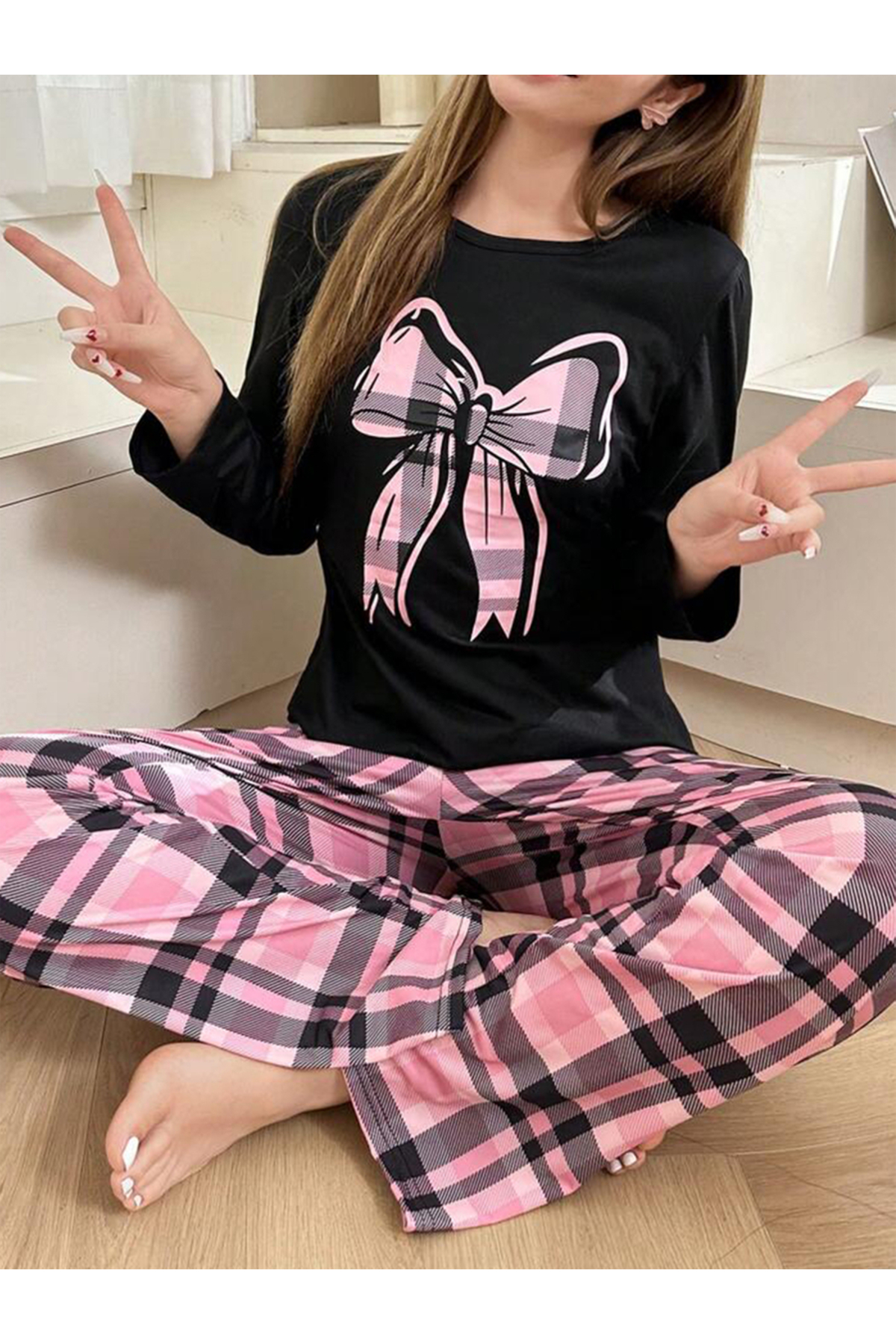 Take Two By Styli Bow Print Long Sleeve T-Shirt and Checked Pyjama Set