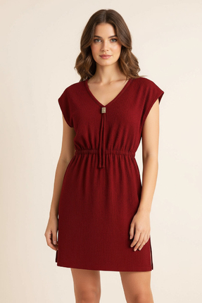 Genel Markalar Kadın Bordo Yanları Yırtmaçlı Tokalı V Yaka Mini Plaj Elbisesi
