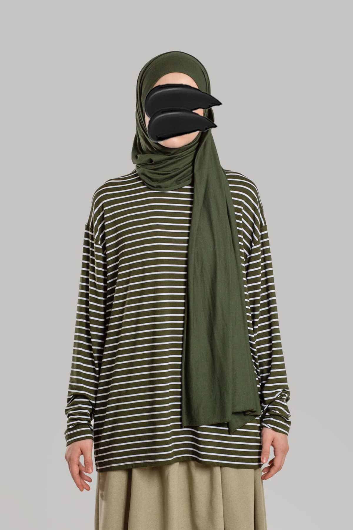 Long Sleeve Striped Hijab T-Shirt- Khaki
