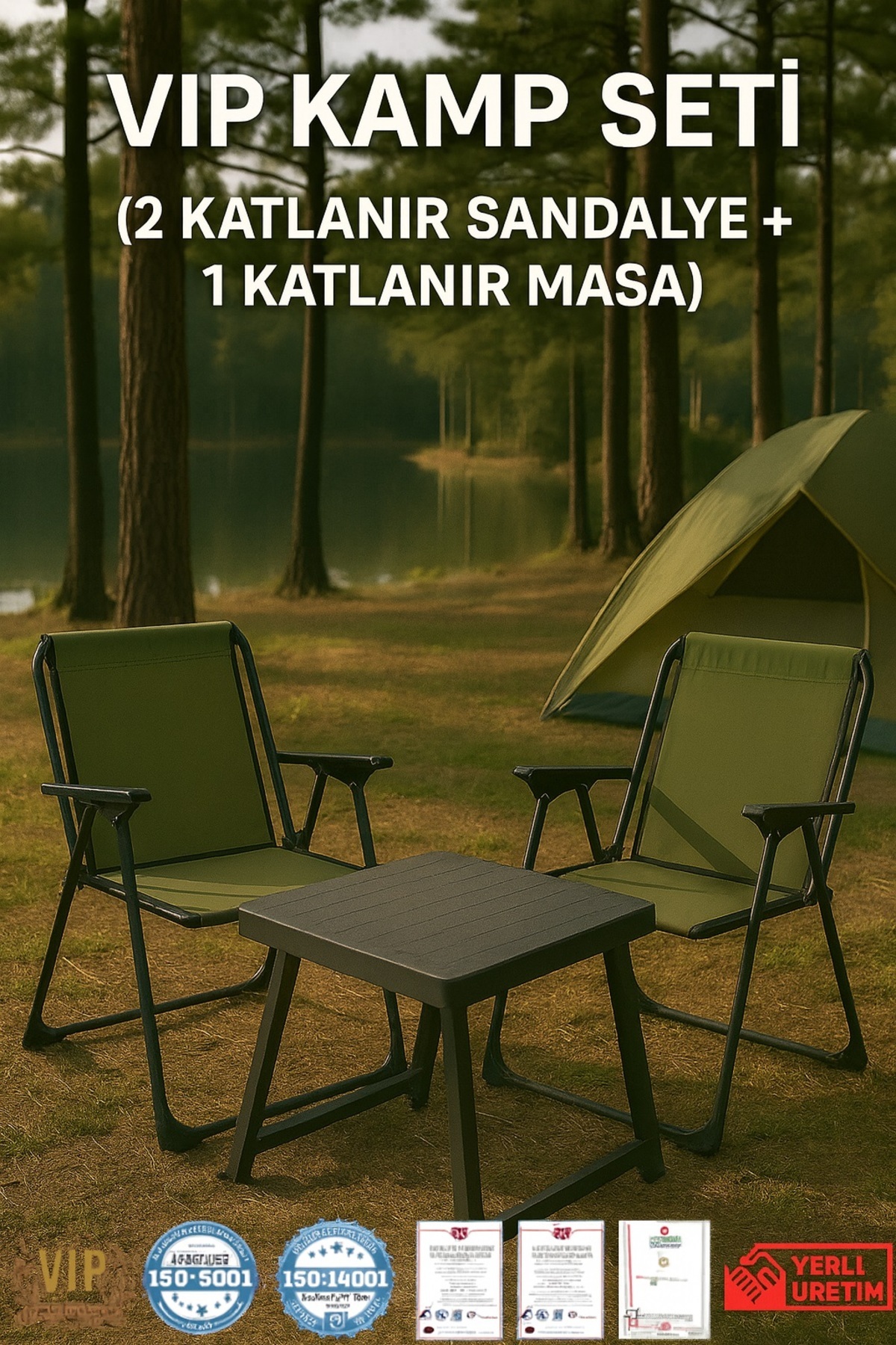 Vip Home Concept Market Ürünleri 2 Adet Kamp Sandalyesi HAKİ VİP Katlanır Sandalye + Katlanır Plastik Kamp Masası