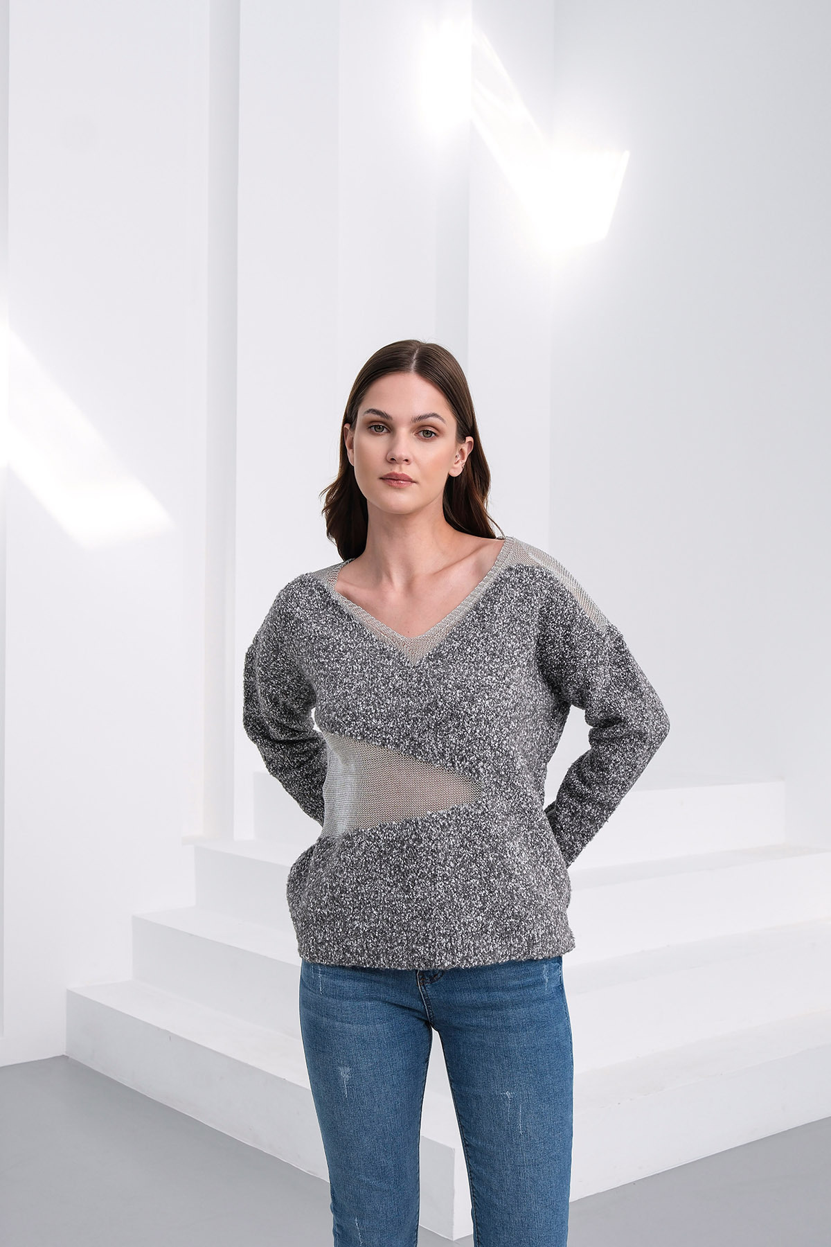 Sea Style  Kadın Buklet İplik File Detaylı V Yaka Triko Kazak - Görsel 3