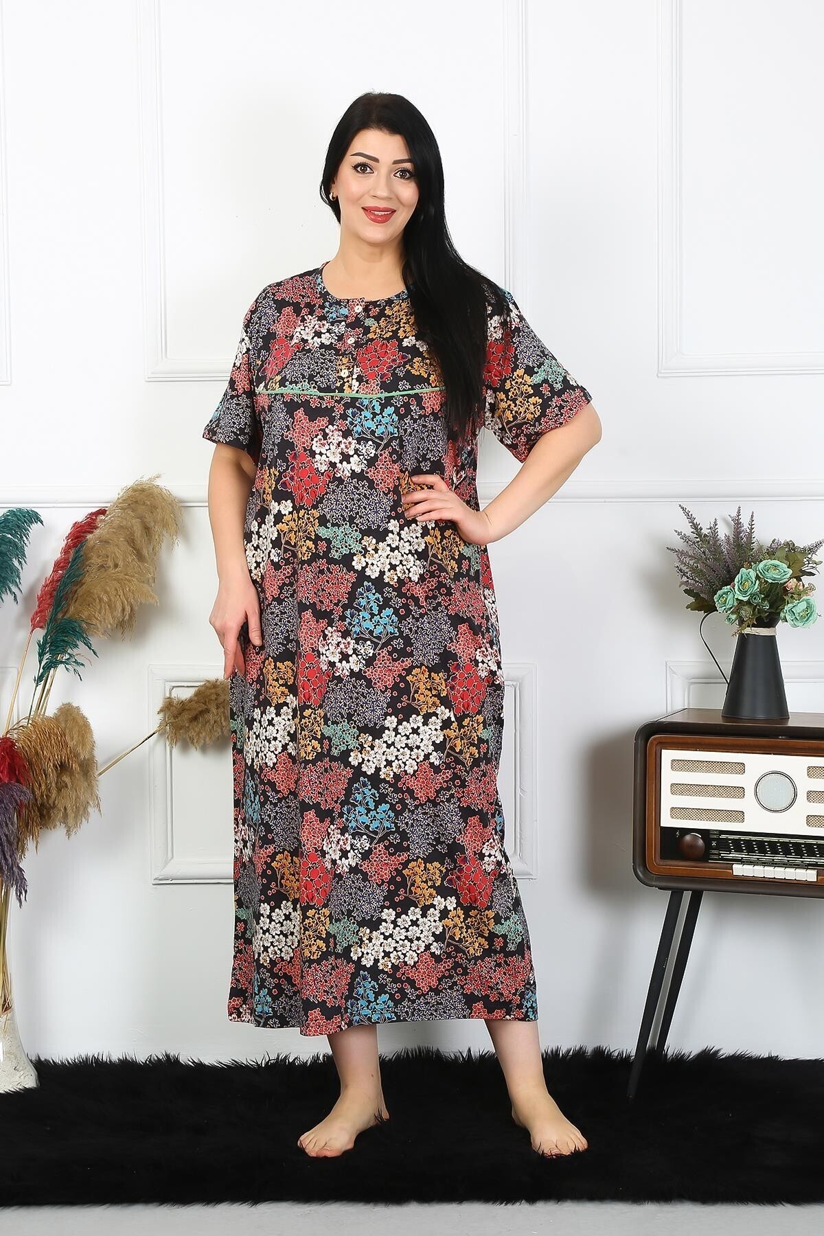 Celira Kadın Büyük Beden Kısa Kol Siyah Anne Gecelik NSL1373