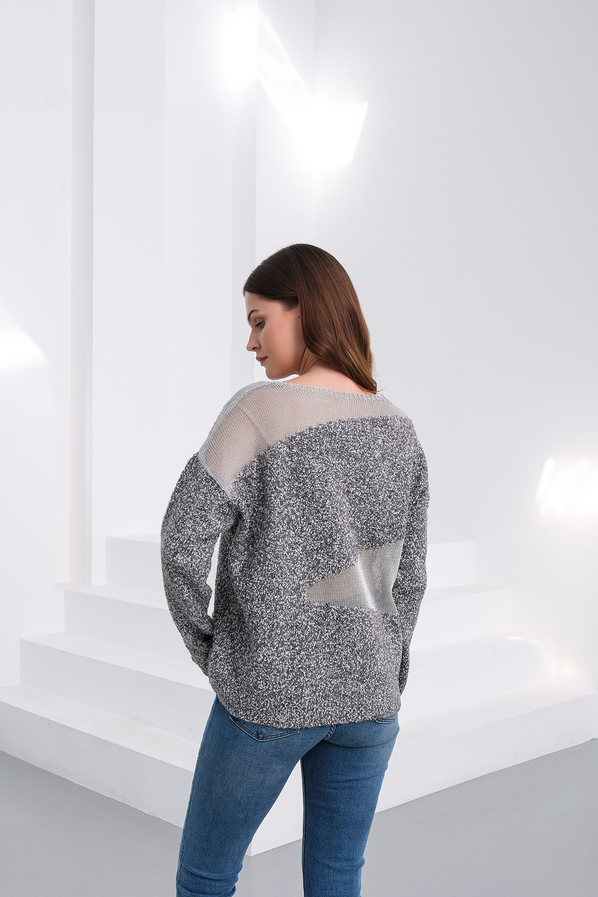 Sea Style  Kadın Buklet İplik File Detaylı V Yaka Triko Kazak - Görsel 5