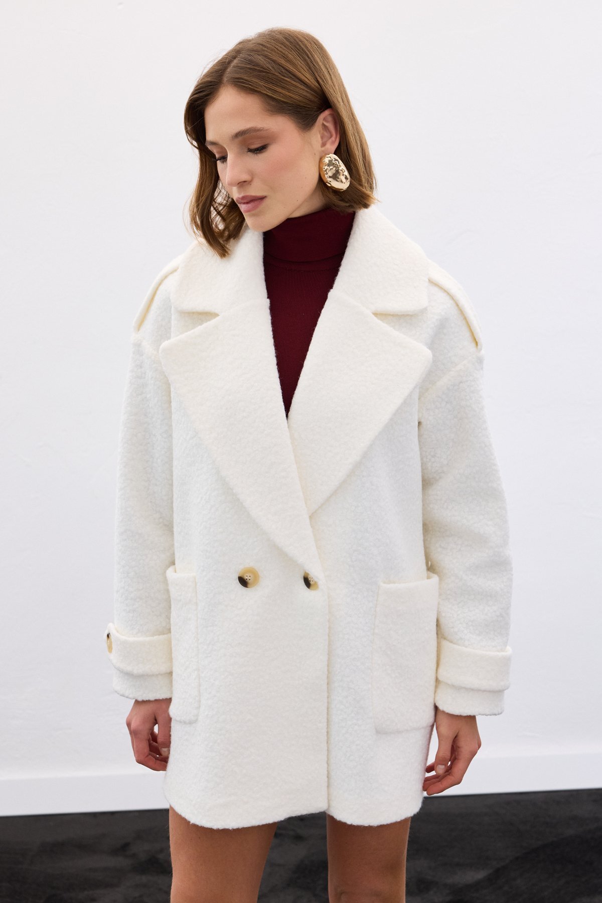 Sateen  Buklet Kısa Kaban - Ekru - Görsel 5