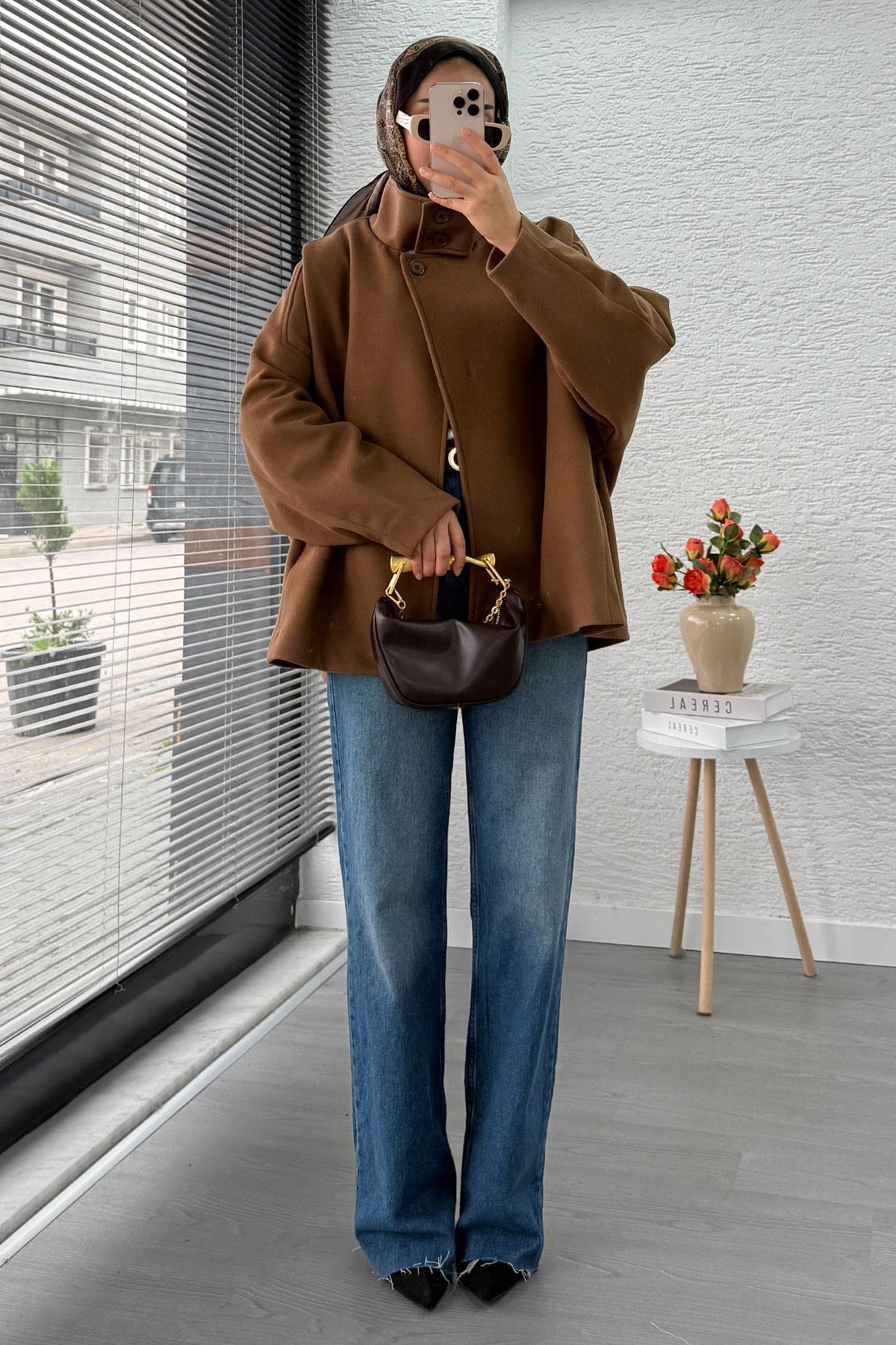 MELEK ARAZ Premium Oversize Kaşe Panço Kaban - Taba görsel 7