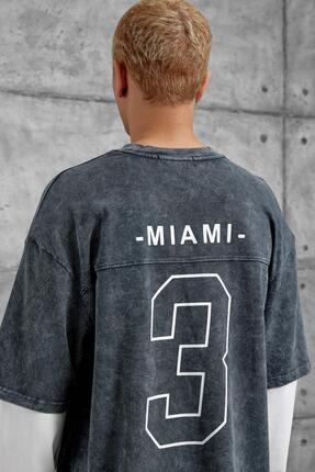 NOMARC Erkek Füme Wade Baskılı Yıkamalı Parça Kollu Oversıze Sweatshırt