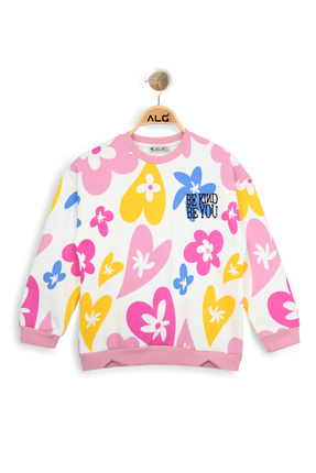 ALG KIZ ÇOCUK RENKLİ KALP VE ÇİÇEK BASKILI SWEATSHIRT