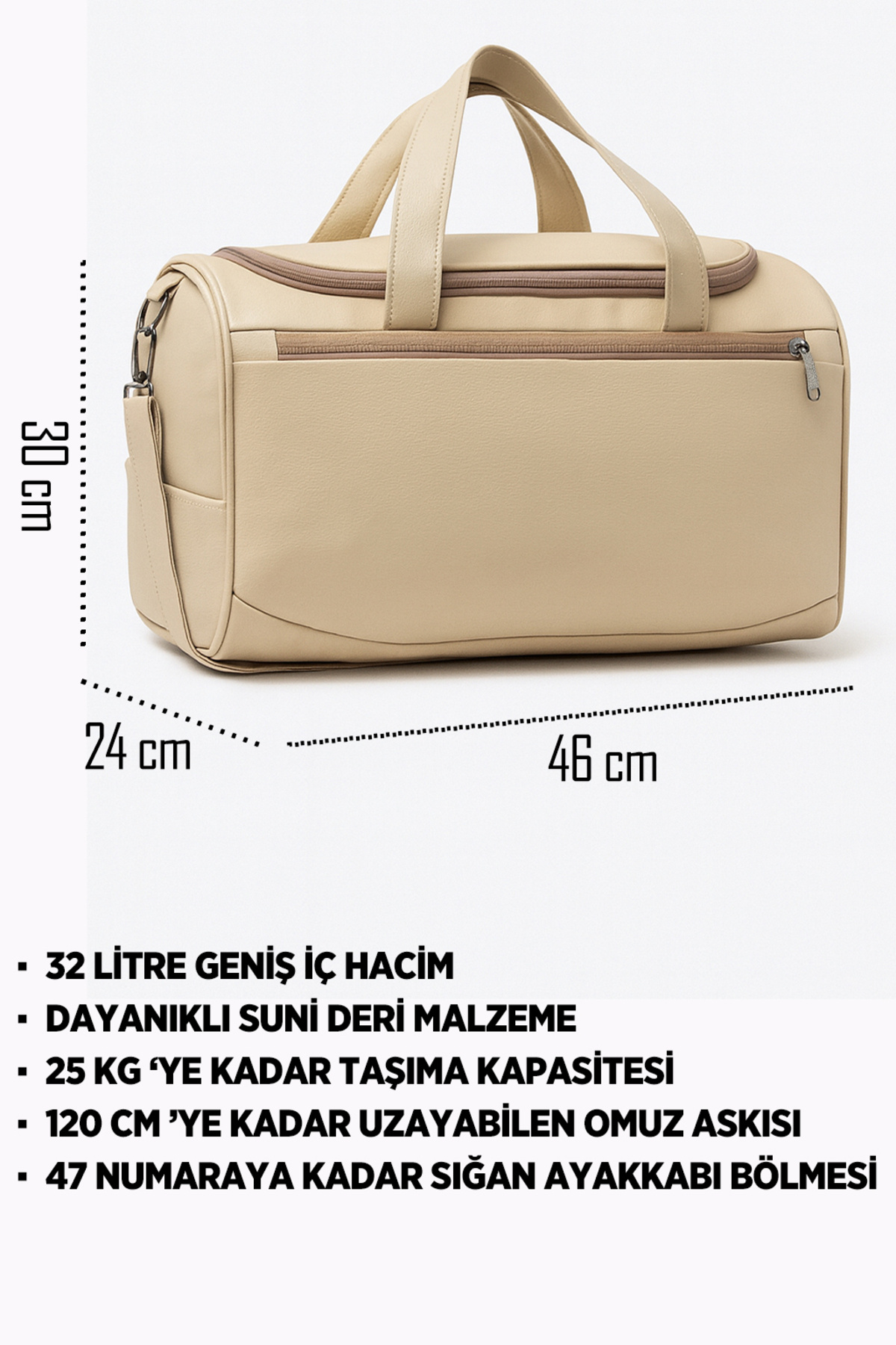 KAFF  Bej Suni Deri Yan Ayakkabı Bölmeli Unisex Geniş Hacimli Seyahat Spor Fitness Spor Çantası - 00124 - Görsel 4