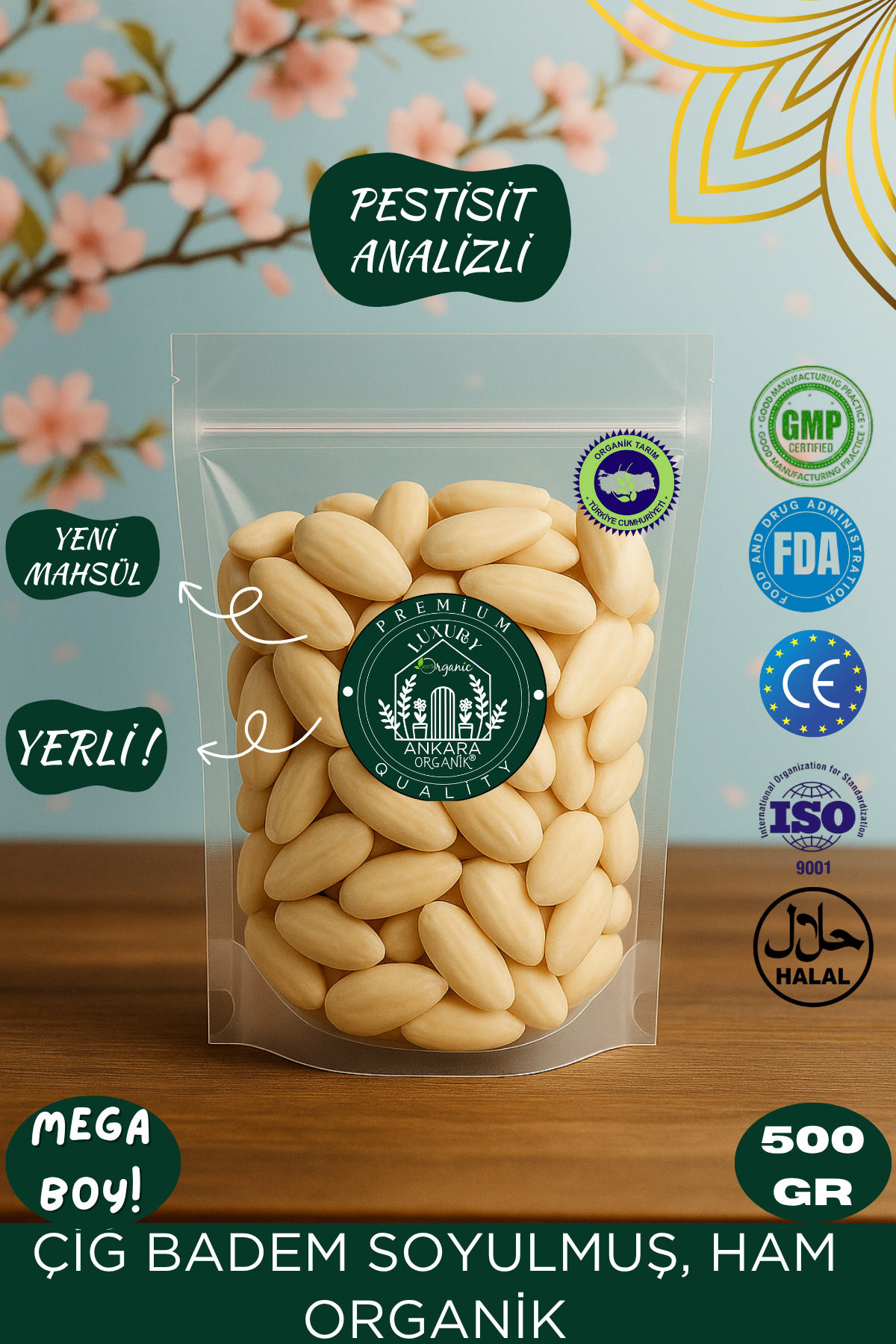 Ankara Organik Çiğ Badem Soyulmuş, Ham Organik - Yeni Mahsül, Pestisit Analizli 500 GR