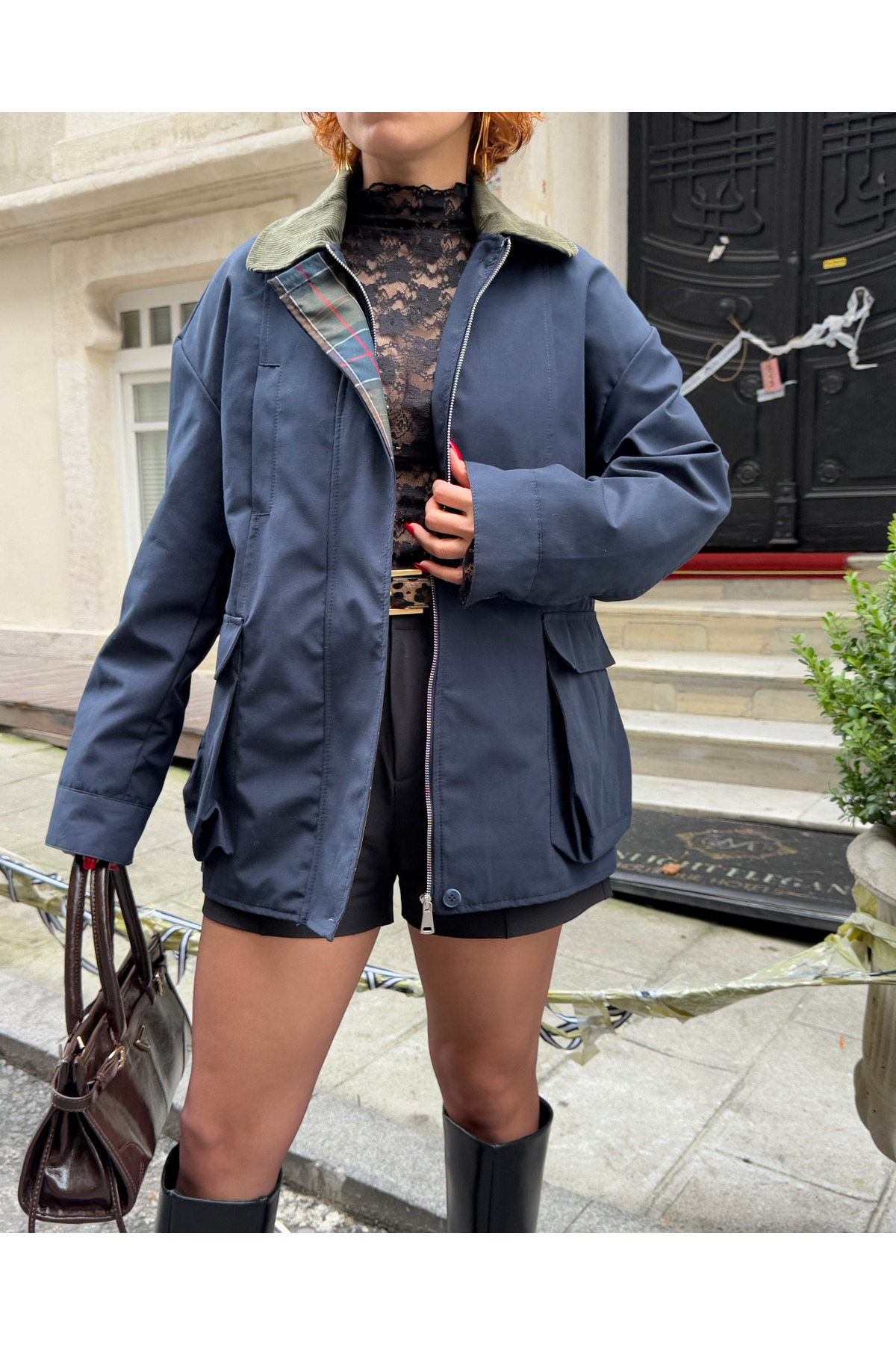 Bak'ap  Premium Trend Kadife Yaka Kareli Astar Fermuarlı Trenç Ceket - Görsel 4