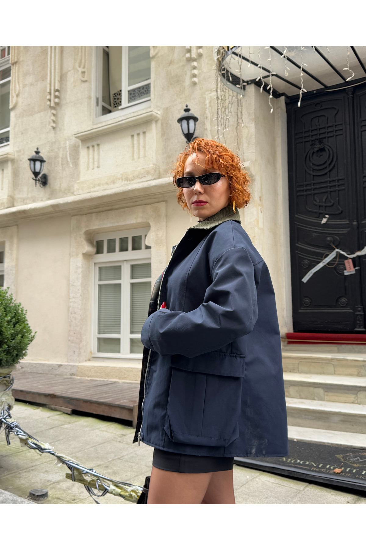 Bak'ap  Premium Trend Kadife Yaka Kareli Astar Fermuarlı Trenç Ceket - Görsel 6