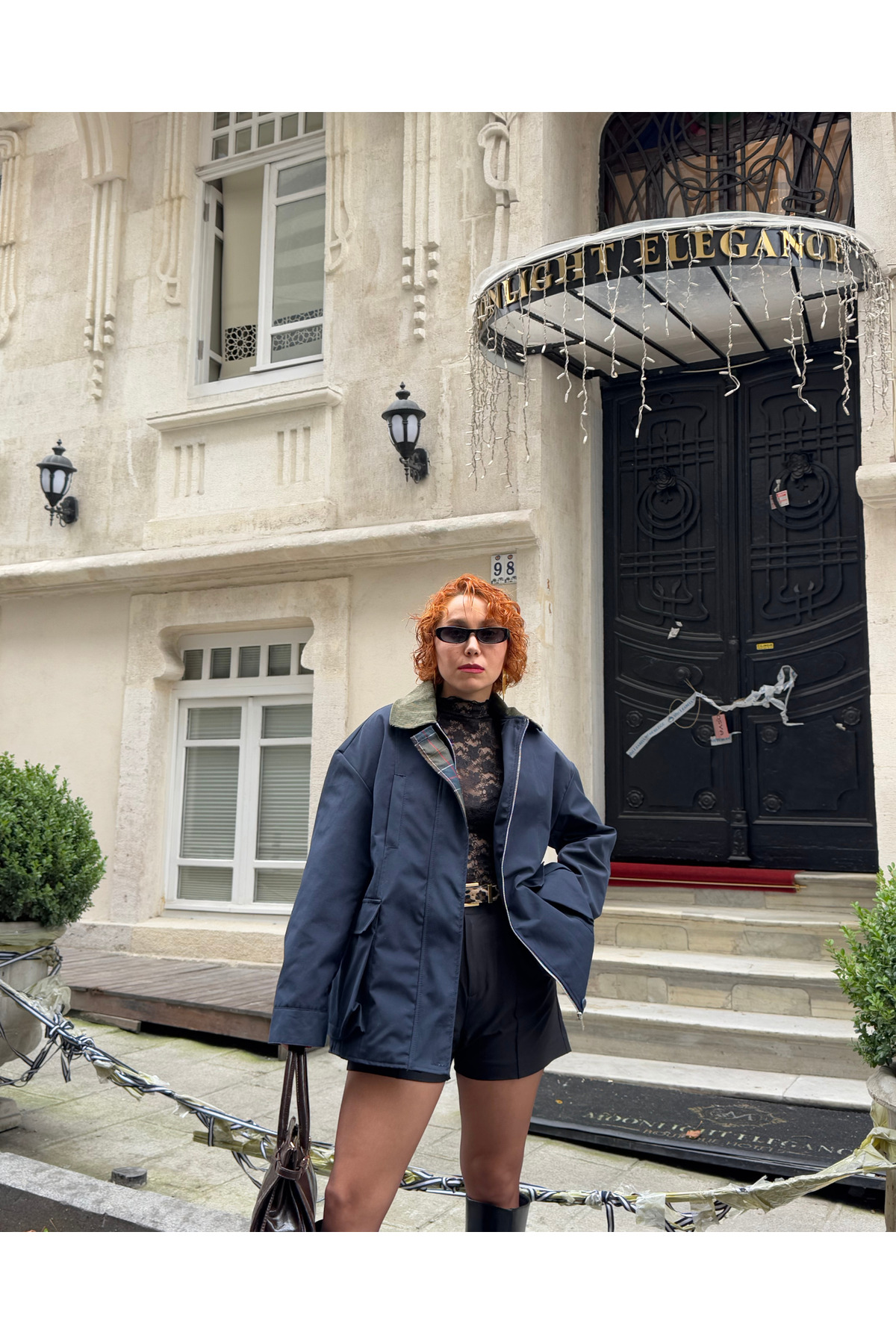 Bak'ap  Premium Trend Kadife Yaka Kareli Astar Fermuarlı Trenç Ceket - Görsel 7