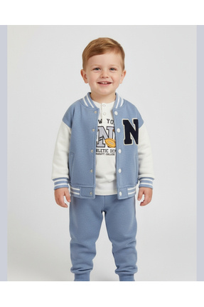 asliva NYC Nakışlı Unisex Kolej Çocuk Takımı 3'lü Ceket Sweat Pantolon (Bej &...