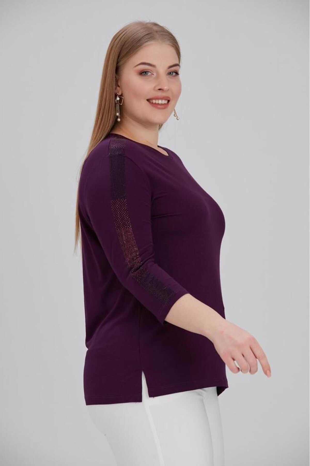 MODA Taş Detaylı Rahat Kalıp Tunik Büyük Beden Kadın Bluz