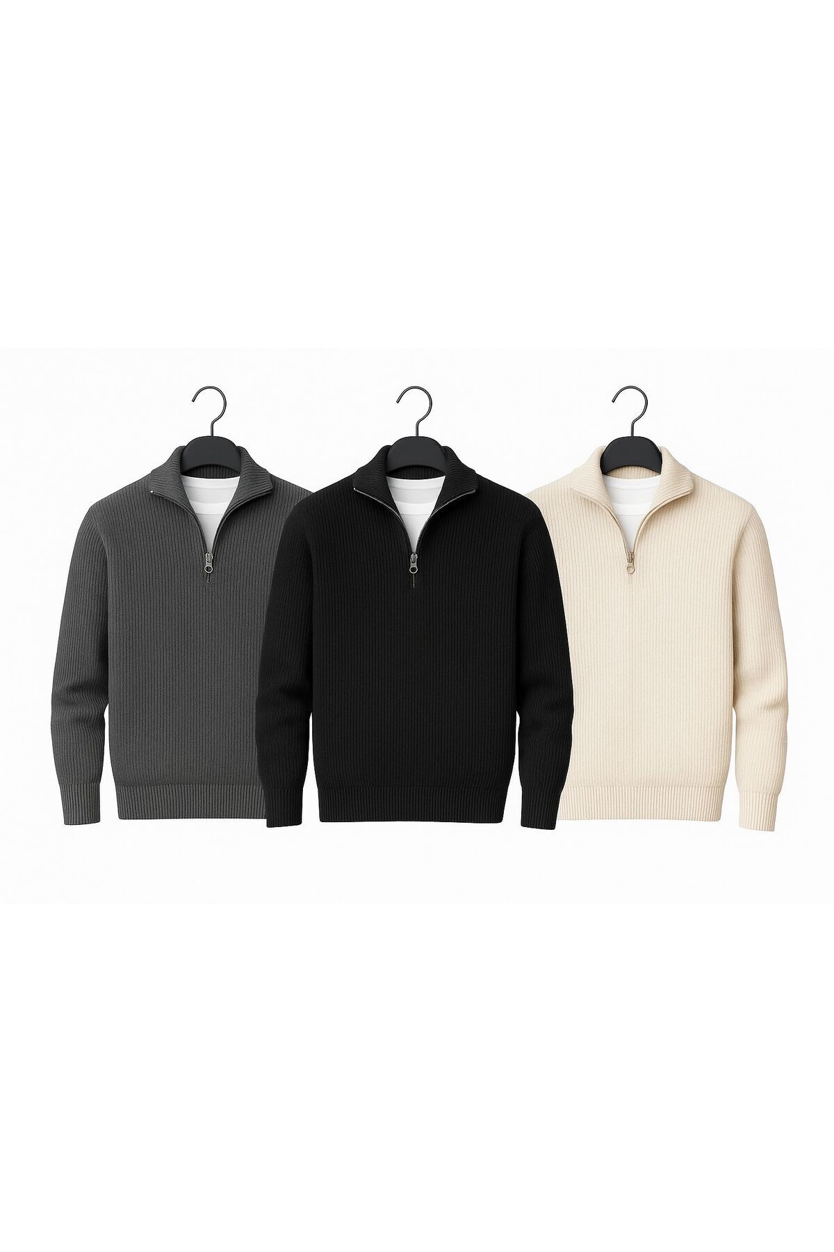 Pinem 3'Lü Paket Erkek Fitilli Yarım Fermuarlı Çizgili Triko Kazak