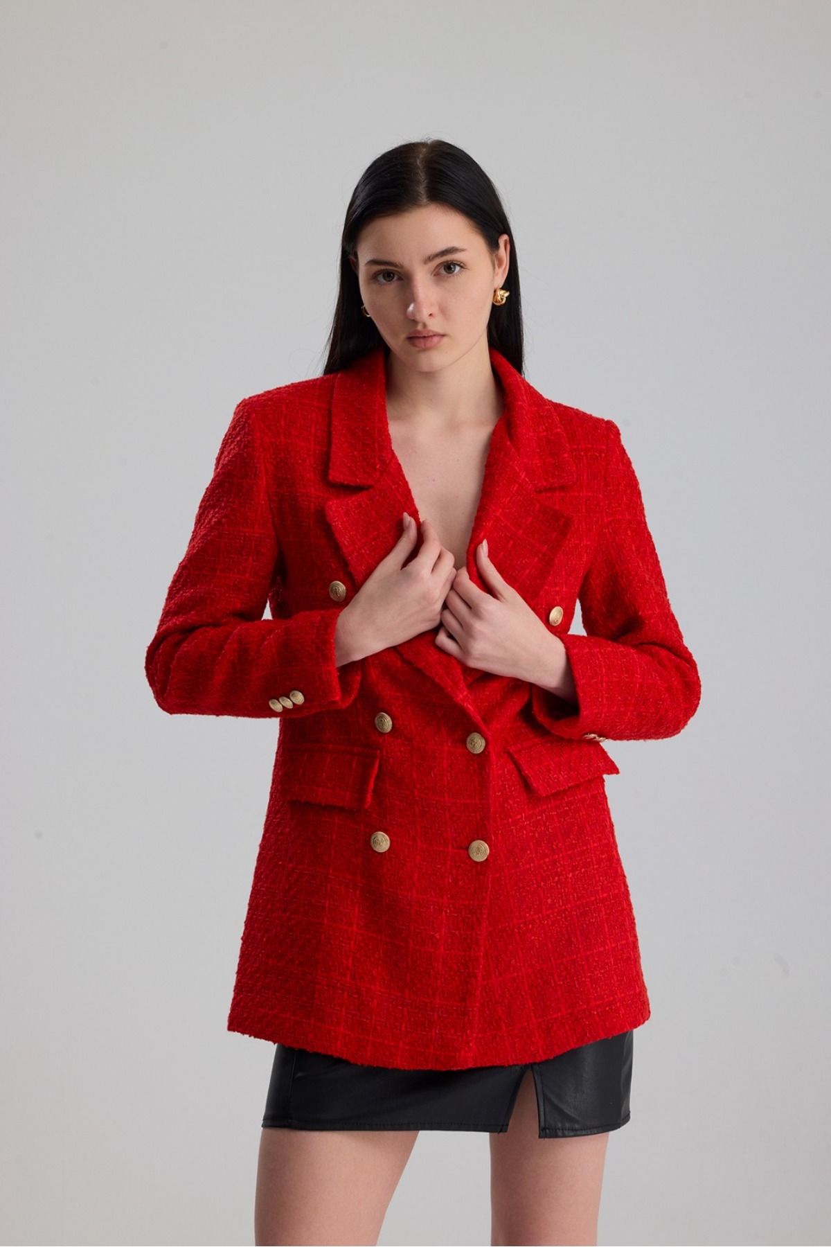 ONE WEAR  Kadın Gold Düğmeli Kruvaze Tüvit ceket - Görsel 10