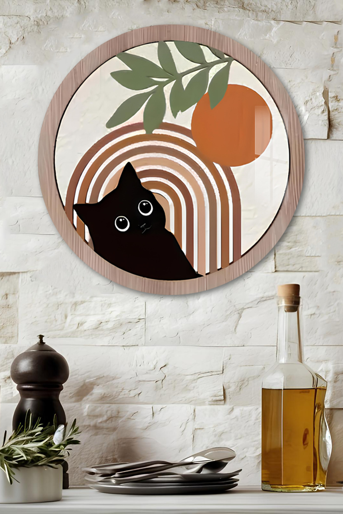 3D Görünümlü Temperli Cam Tablo – Siyah Kedi ve Güneş Desenli Duvar Süsü (33X33 cm)-CDS040