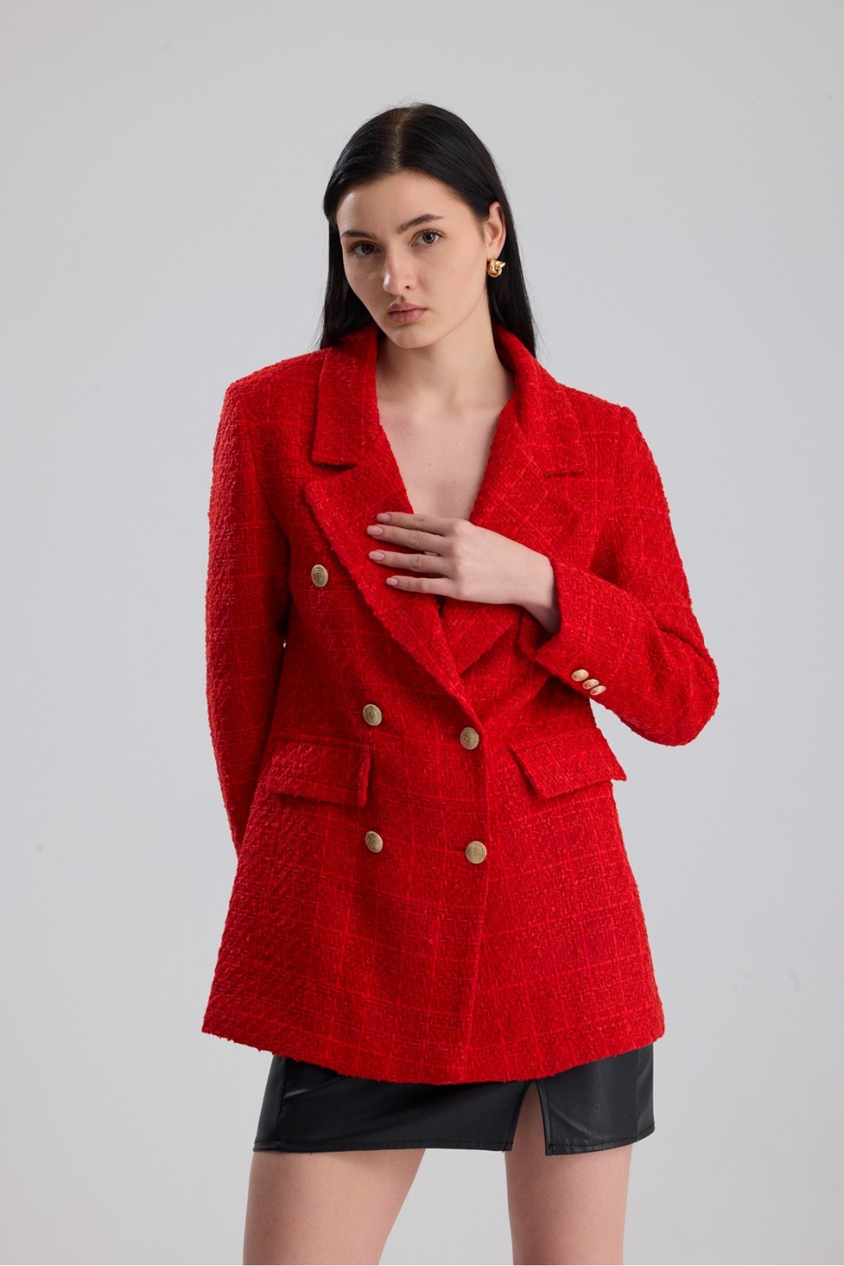 ONE WEAR  Kadın Gold Düğmeli Kruvaze Tüvit ceket - Görsel 8