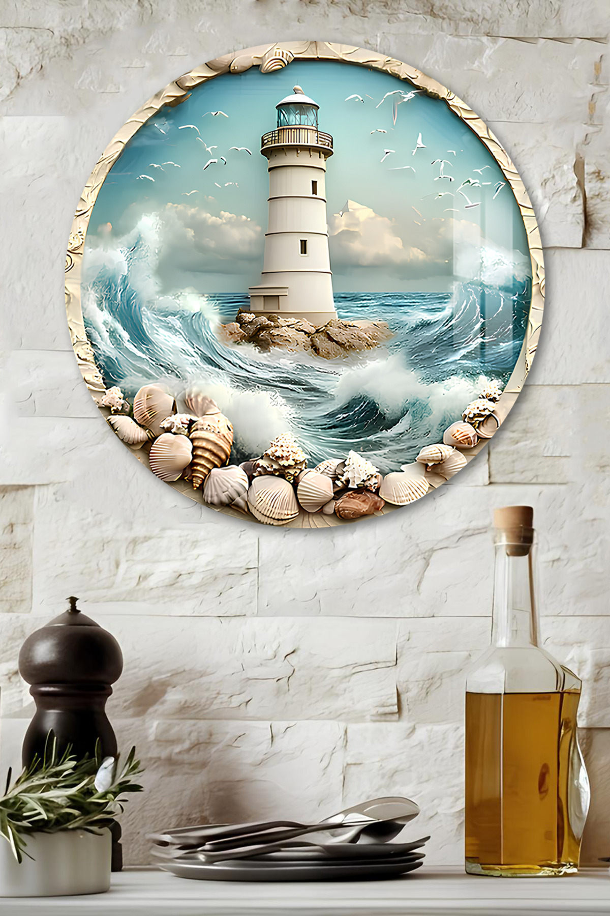 3D Görünümlü Temperli Cam Tablo – Deniz Feneri Temalı Duvar Süsü UV Baskı 33x33 cm-CDS055