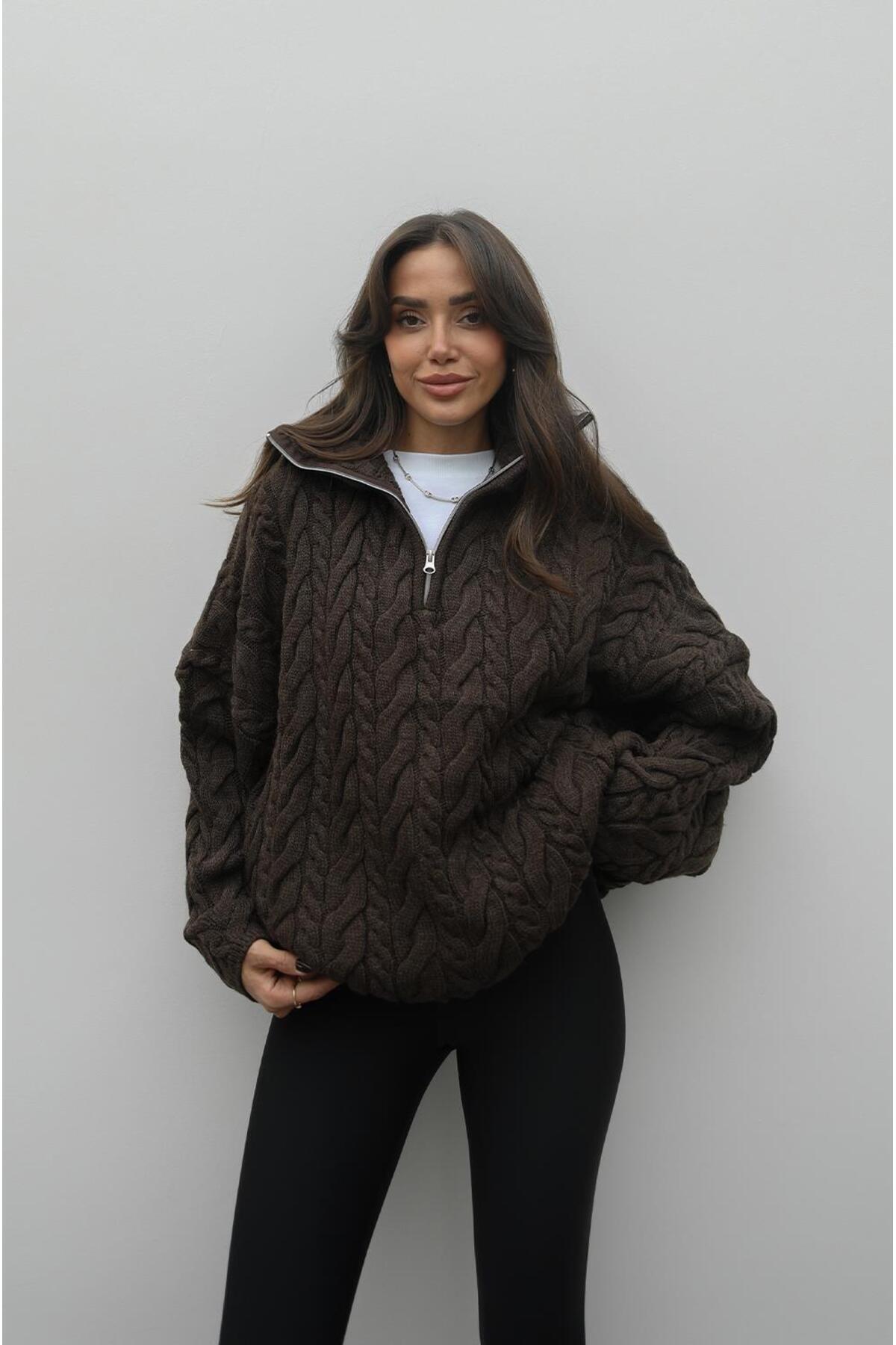 Havoş Відкритий капюшон із застібкою-блискавкою, в'язаний светр із косами