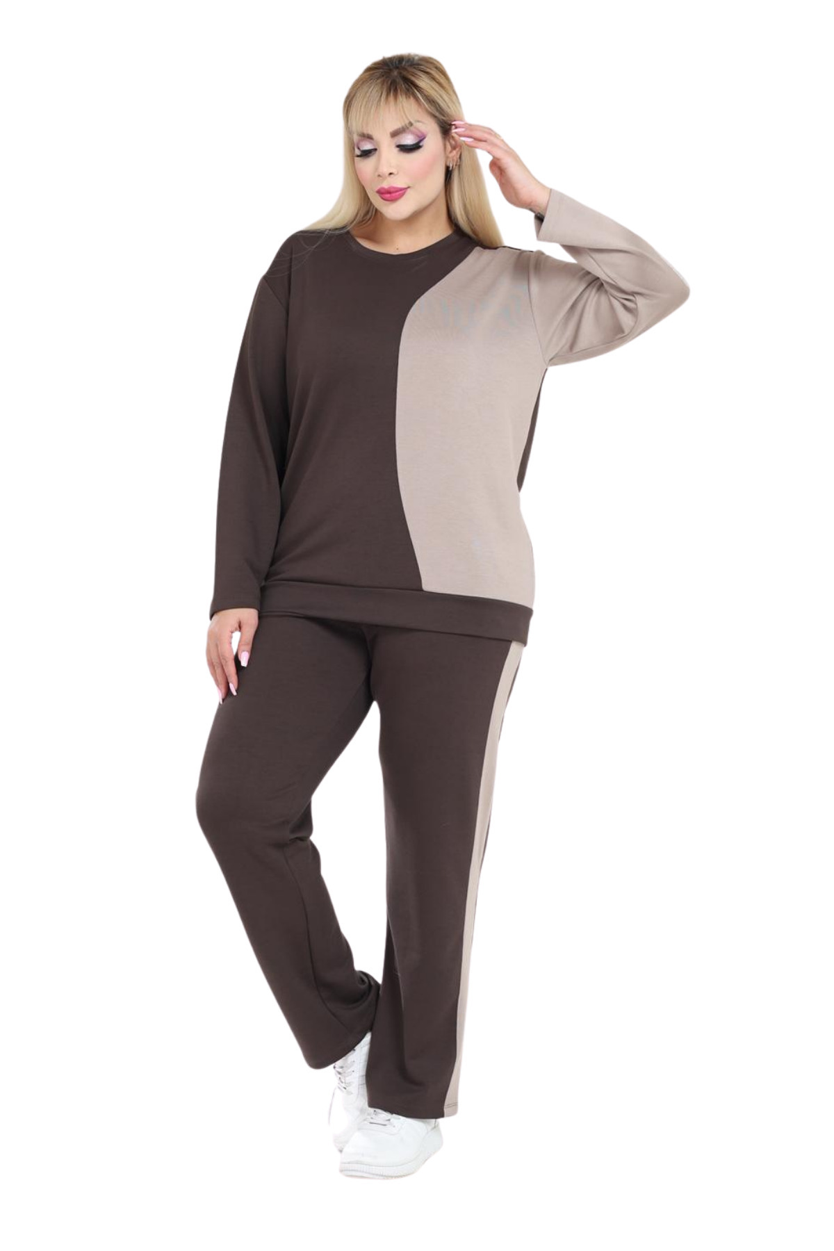 MELSAY Kadın Büyük Beden Acıkahve-Vizon Garnili Modal Eşofman Takımı