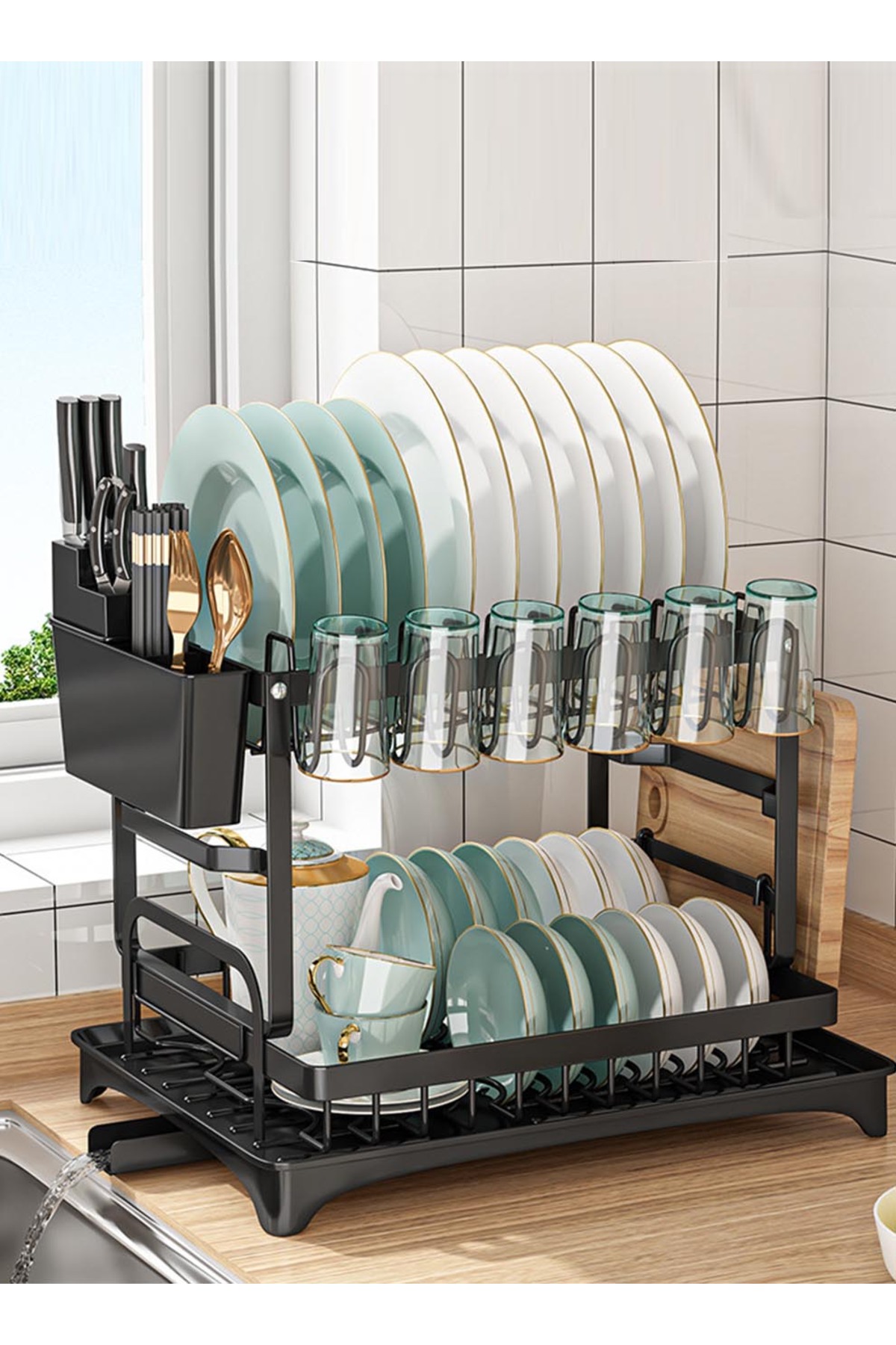 Generic رف تجفيف أطباق كبير، منظم مطبخ من الفولاذ المقاوم للصدأ ذو طبقتين